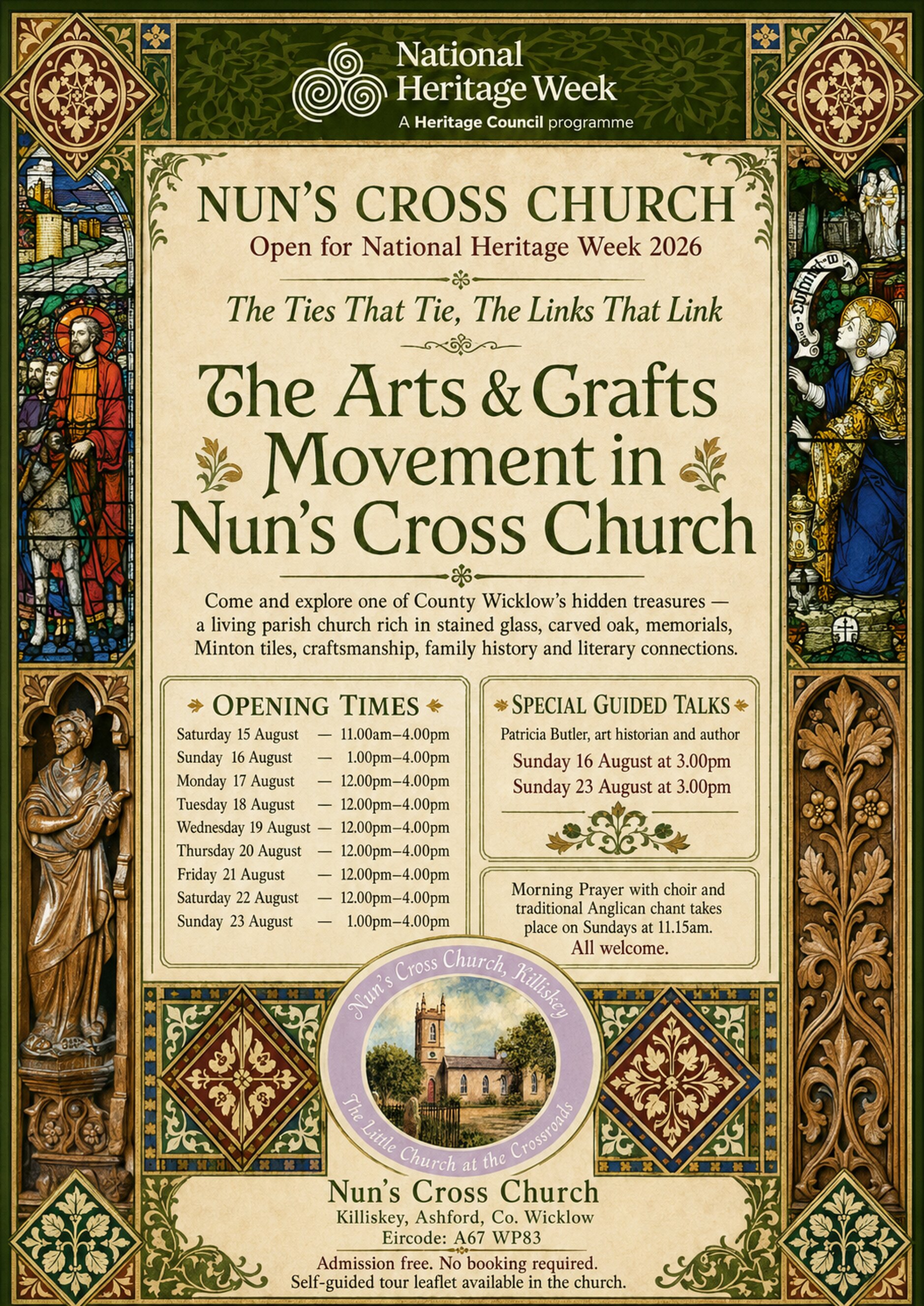 Heritage Week in Nun&rsquo;s Cross Church, Killiskey - All are welcome to Nun&rsquo;s Cross Church, Killiskey, during Heritage Week 2026, August 15&ndash;23, to explore the influence of the Arts and Crafts Movement in the parish church. 