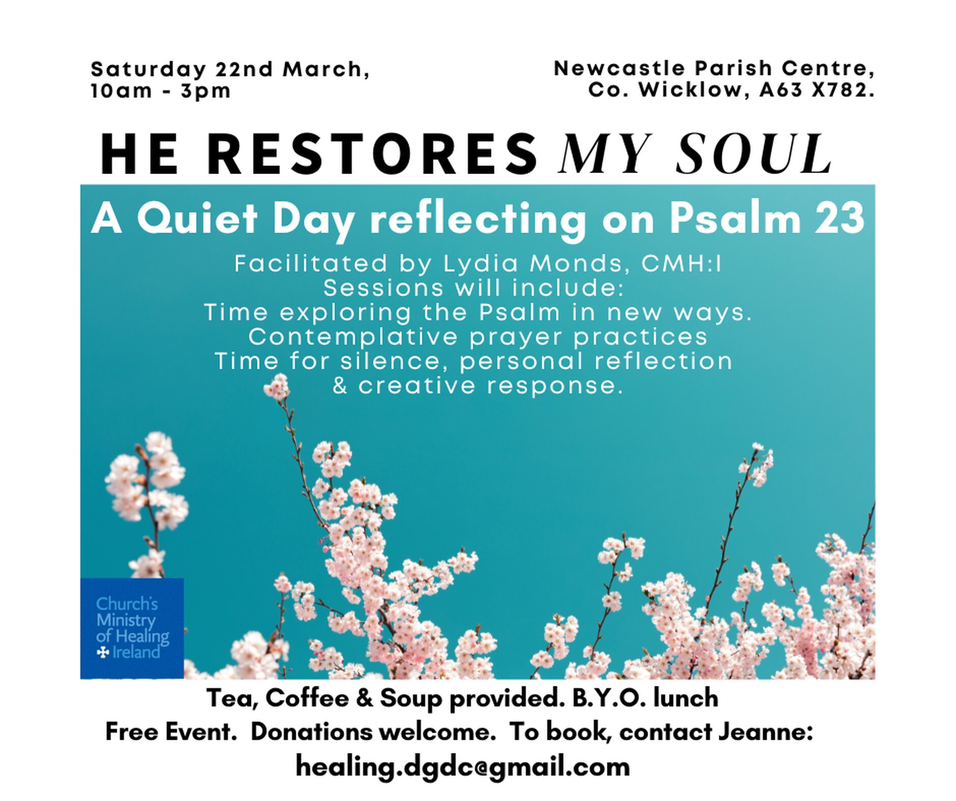 Church’s Ministry of Healing Quiet Day - ‘He restores my soul,’ the Church’s Ministry of Healing Quiet Day, takes place on Saturday March 22 from 10am to 3pm. All are welcome.