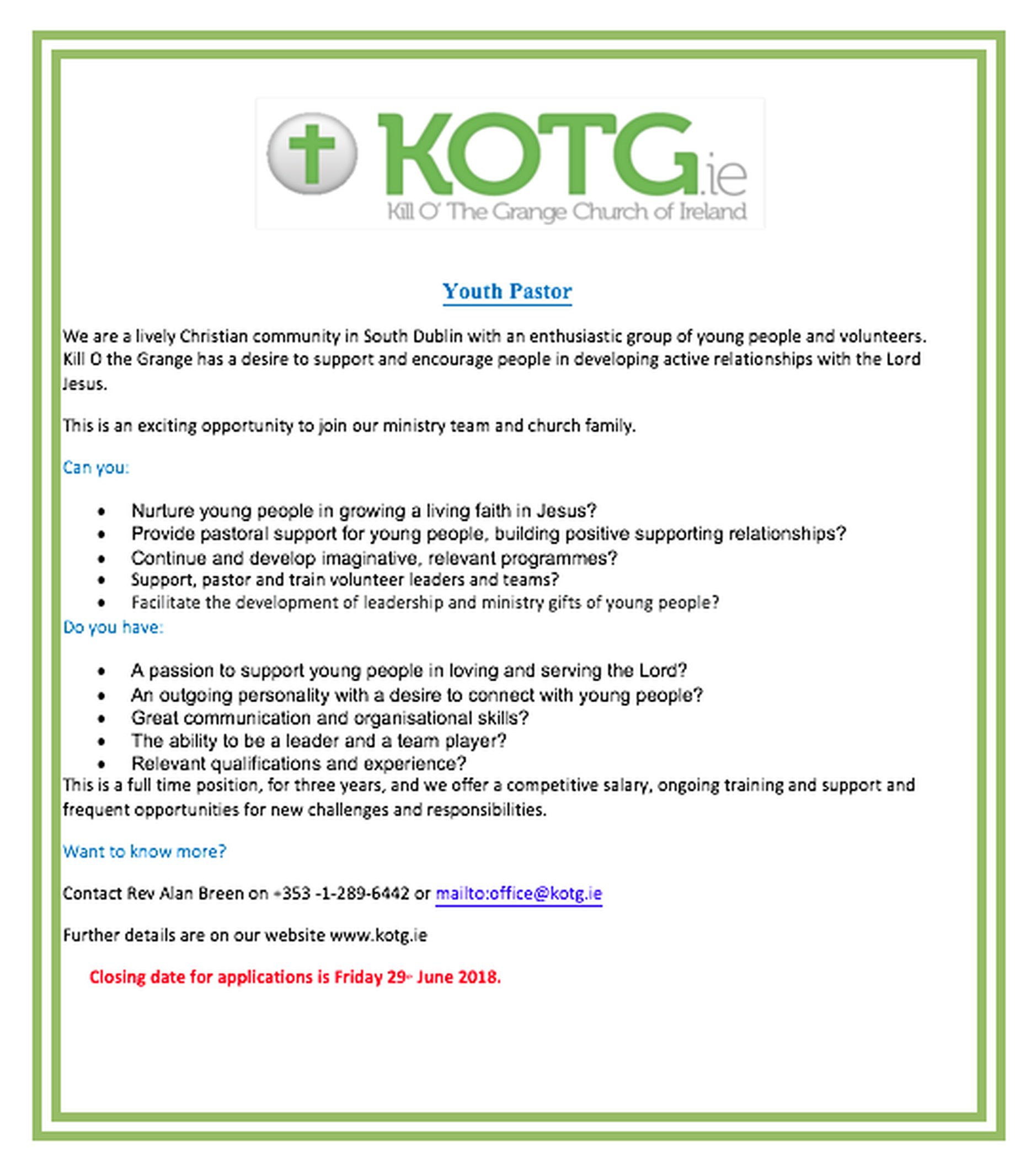 Vacancy – Youth Pastor – Parish of Kill O’ the Grange, Dublin
