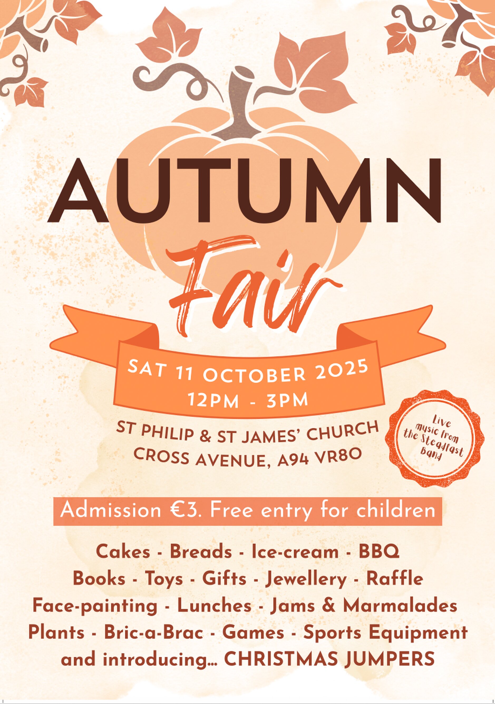 Booterstown Autumn Fair - Booterstown Autumn Fair takes place in St Philip and St James&rsquo; Church on Cross Avenue on Saturday October 11 from 12 to 3pm. All welcome. 