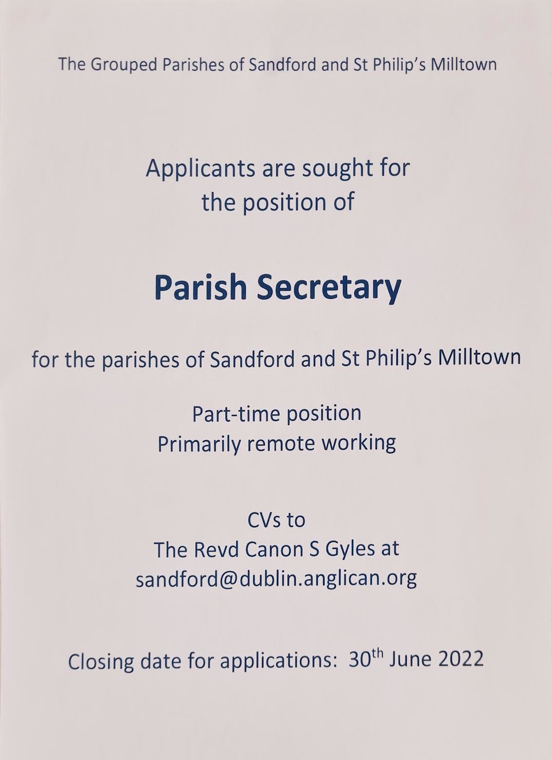 Vacancy – Parish Secretary – Sandford and St Philip’s – Dublin