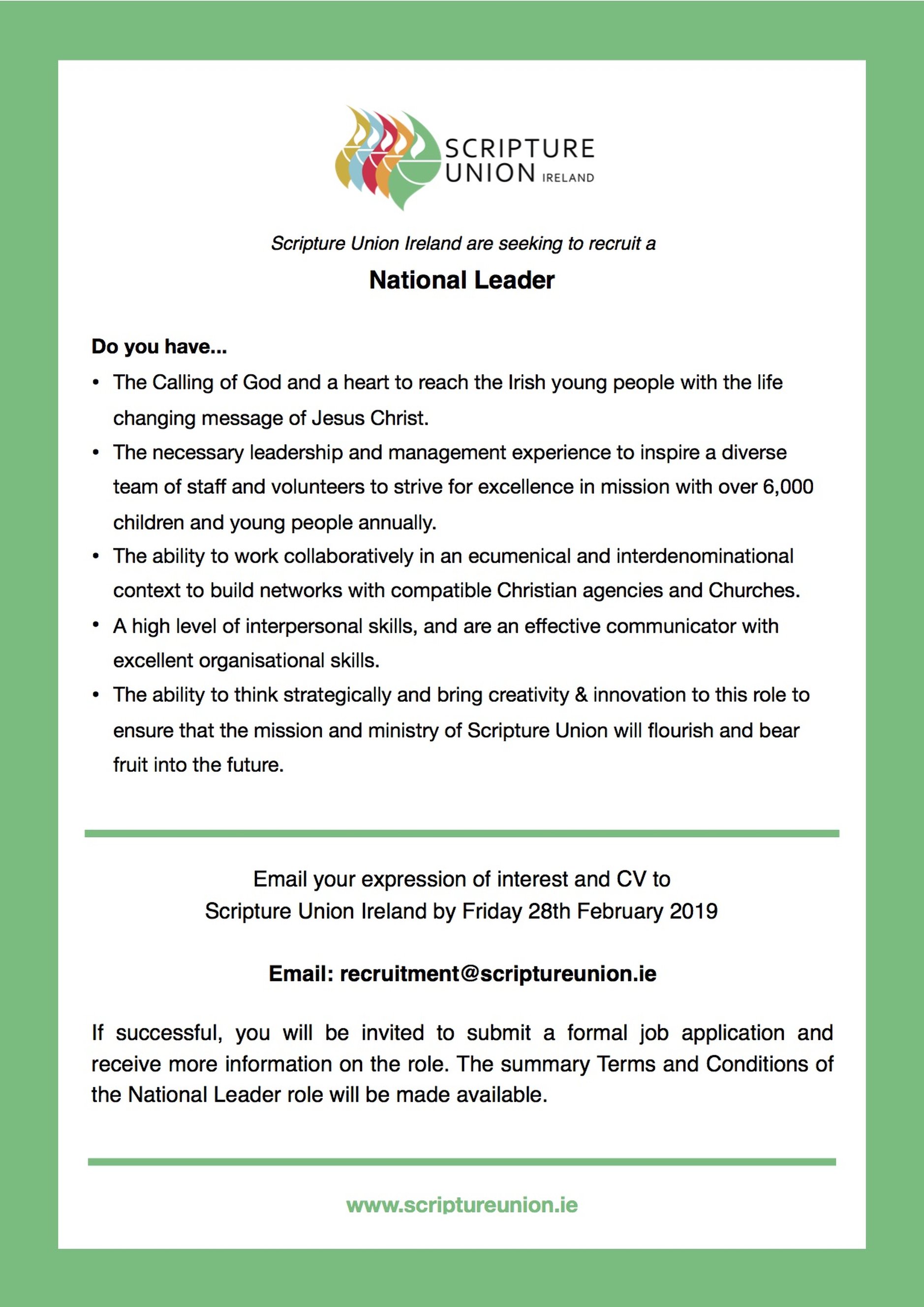 Vacancy – Scripture Union Ireland – National Leader - Scripture Union Ireland is seeking to recruit a national leader.