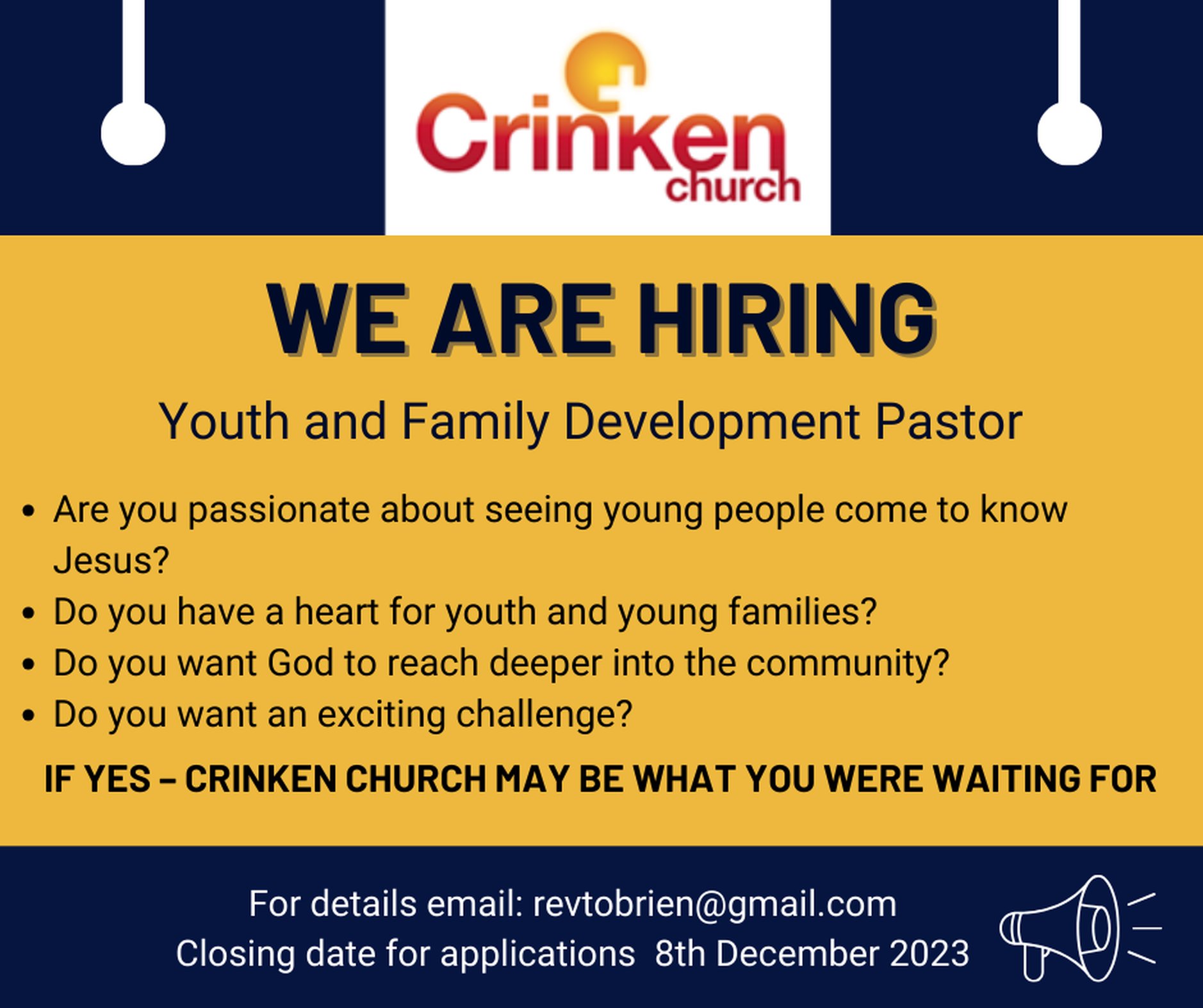 Vacancy – Youth and Family Development Pastor – Crinken - Crinken Church is seeking a Youth and Family Development Pastor.