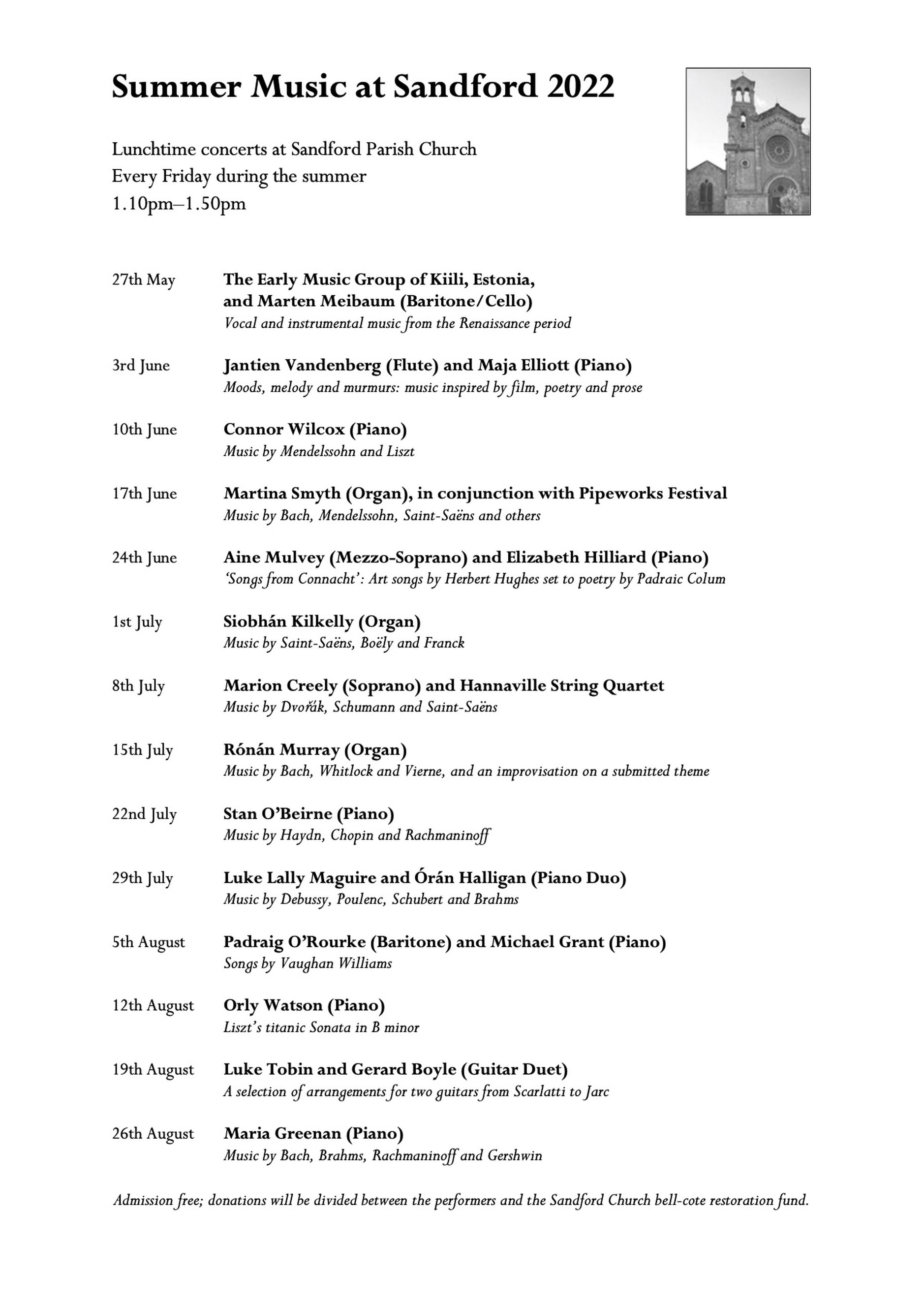 Summer Music at Sandford 2022 - Lunchtime concerts in Sandford Parish Church. Every Friday from 1.10pm to 1.50pm.
