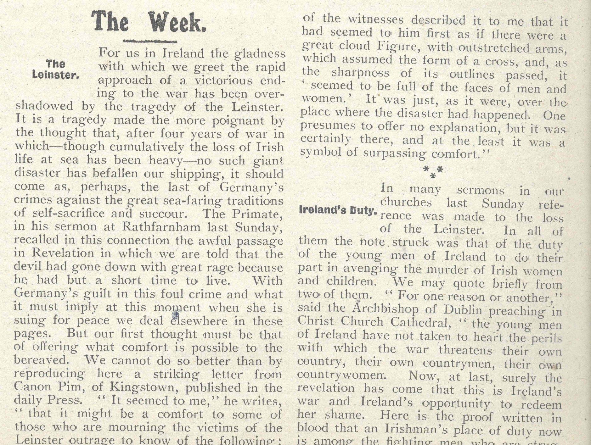 The Leinster Tragedy: Human Interest Stories brought to life by the Church of Ireland Gazette and Other Sources - RCB Library Archive of the Month October 2018.