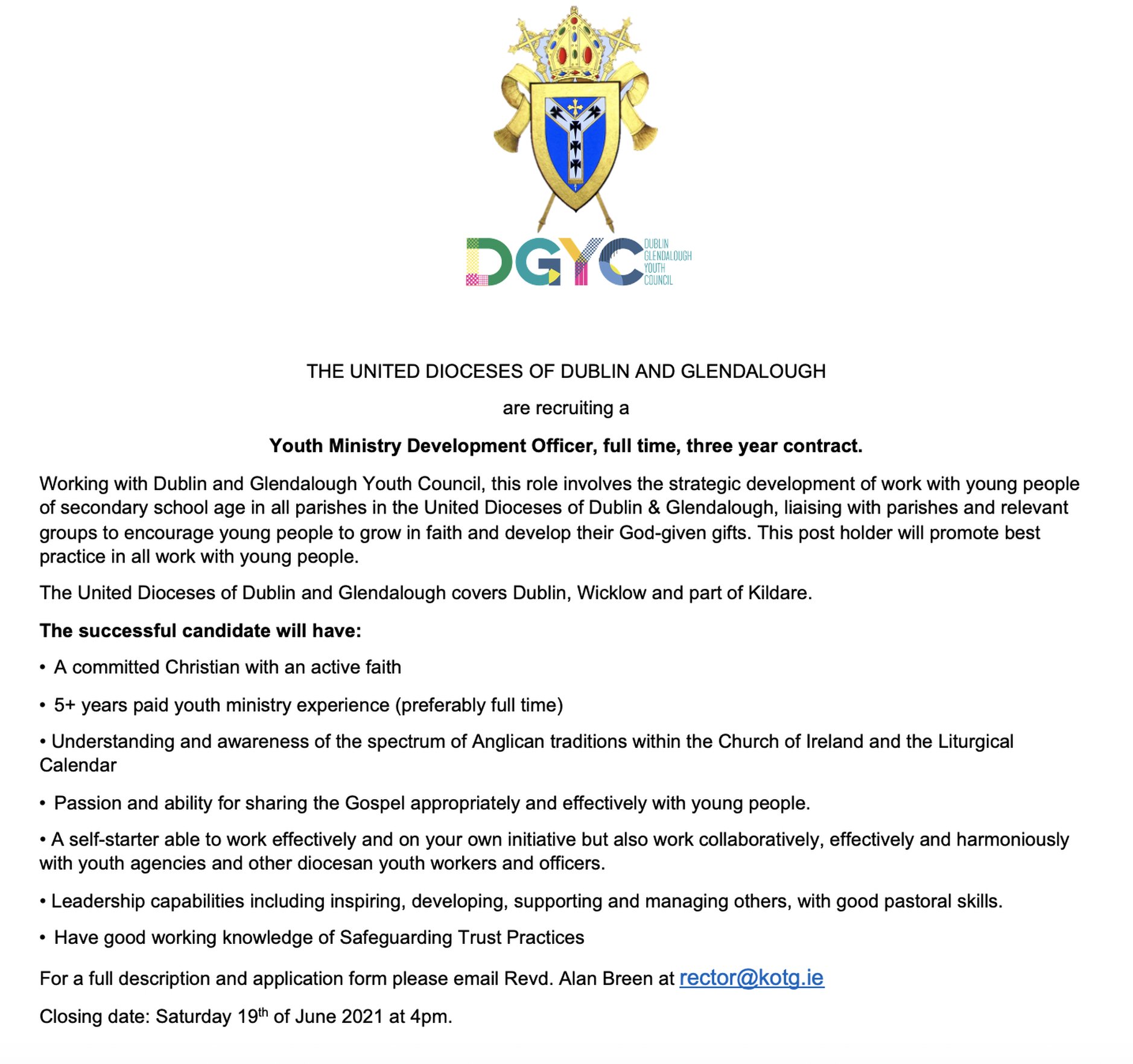 Vacancy – Youth Ministry Development Officer – Dublin & Glendalough - Closing Date: Saturday 19 June 2021