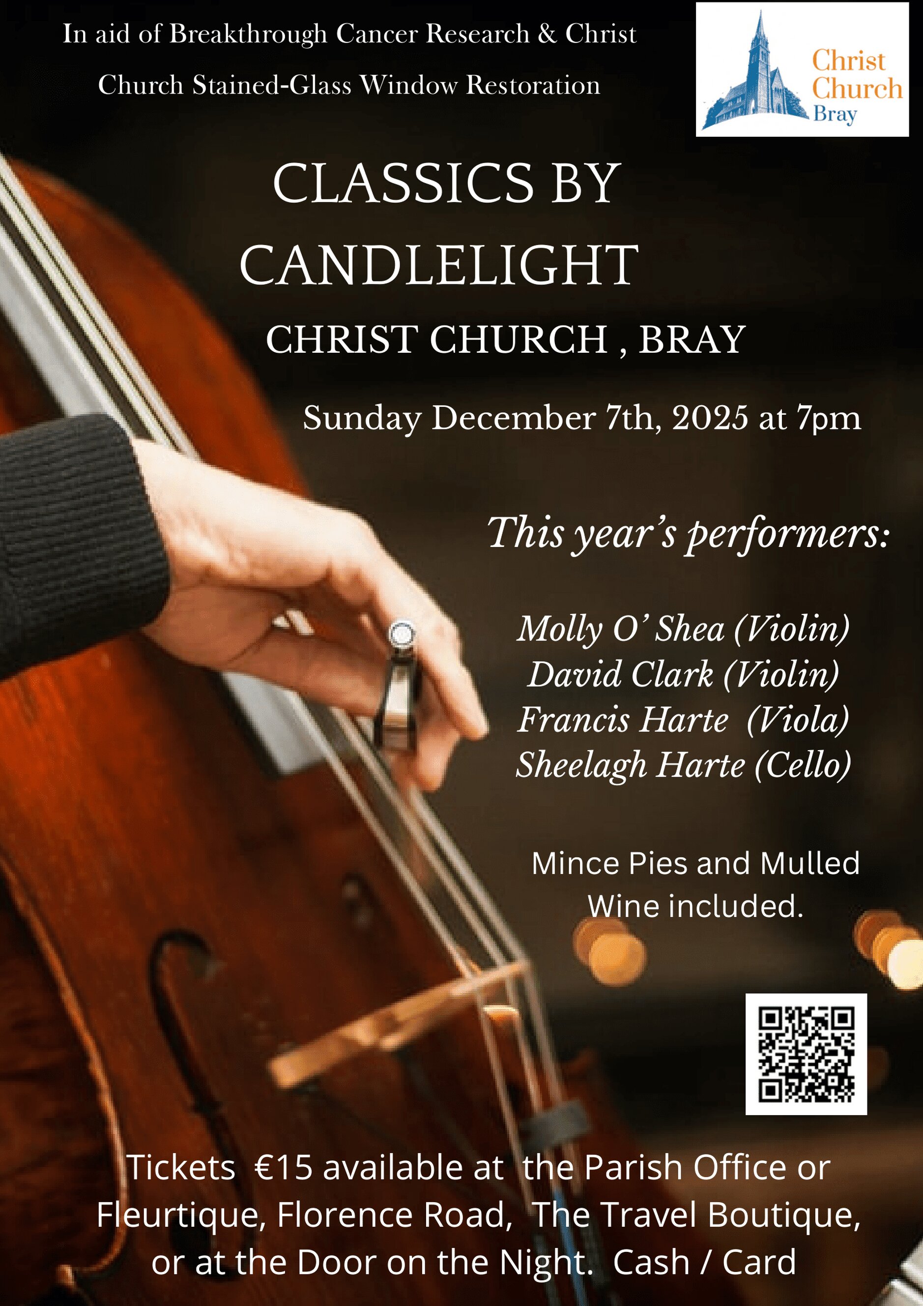 Classics by Candlelight in Christ Church Bray - Classics by Candlelight takes place in Christ Church Bray on Sunday December 7 at 7pm. This year funds are being raised for Breakthrough Cancer Research and the church’s stained glass window restoration fund.