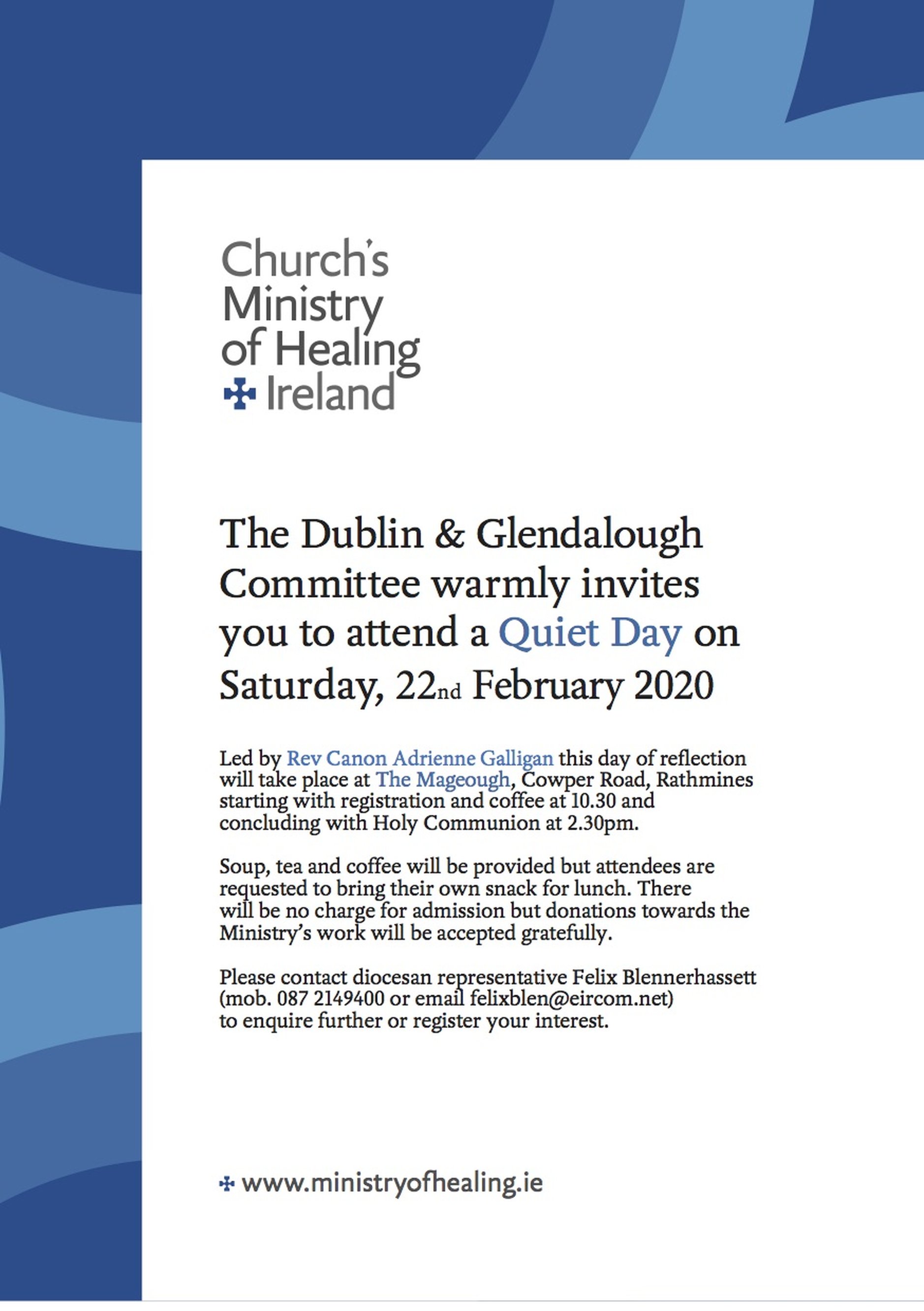 D&G Church’s Ministry of Healing Committee Quiet Day - Saturday 22 February 2020 at the Mageough 