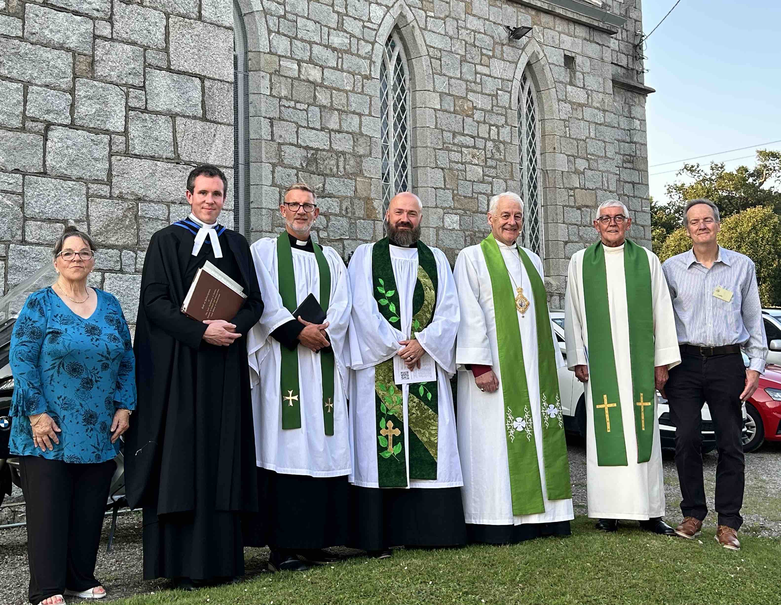 The new Rector of St Matthias, the Revd Scott Evans (centre) with Gillian Keogh, the Revd Sean Hanily, the Revd Rob Jones, Archbishop Michael Jackson, Archdeacon David Pierpoint and Leslie Grant.