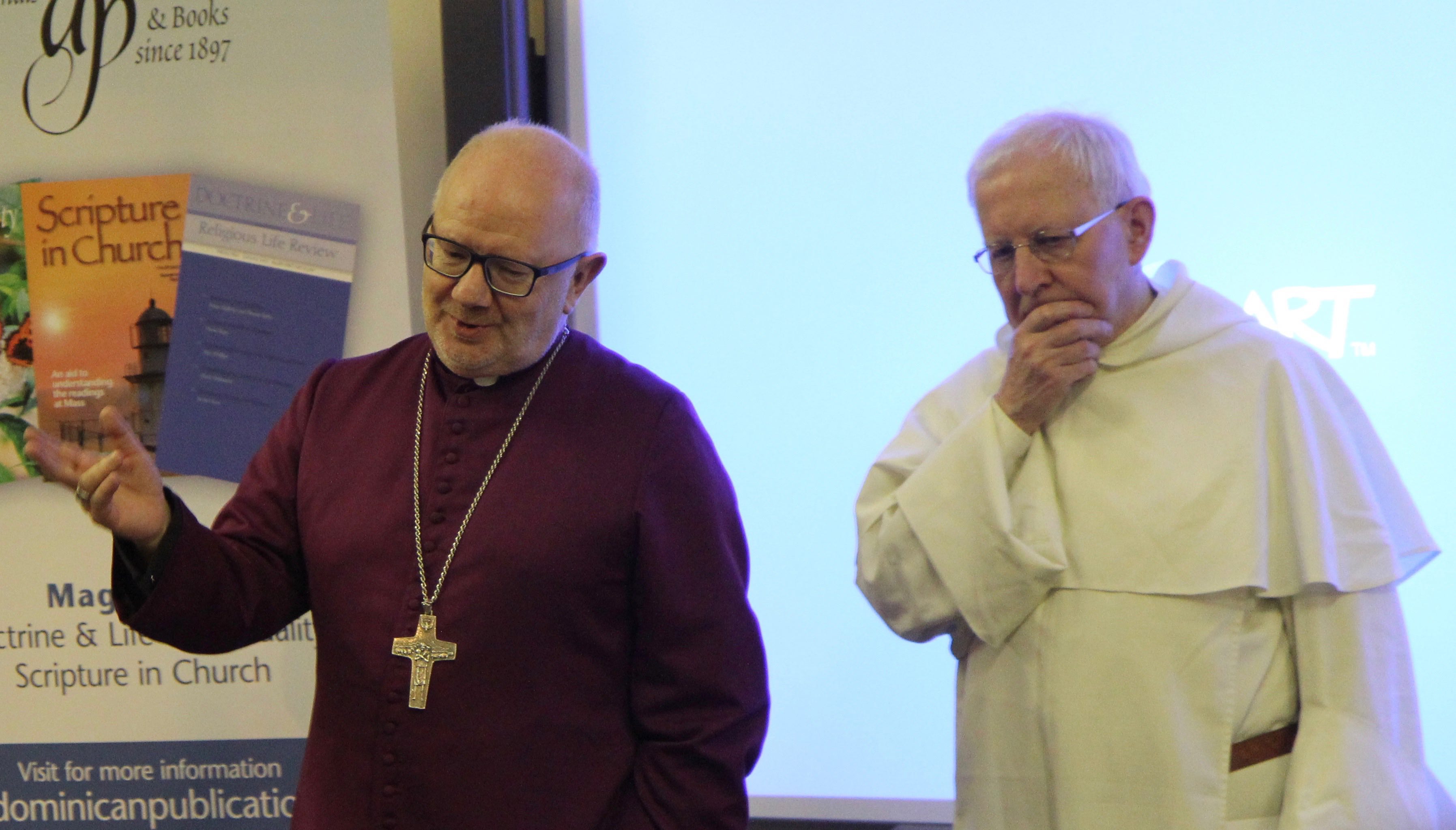 Archbishop Richard Clarke speaking at the launch of his book 'Shouldering the Lamb'. Also pictured is Bernard Tracey OP, the publisher.