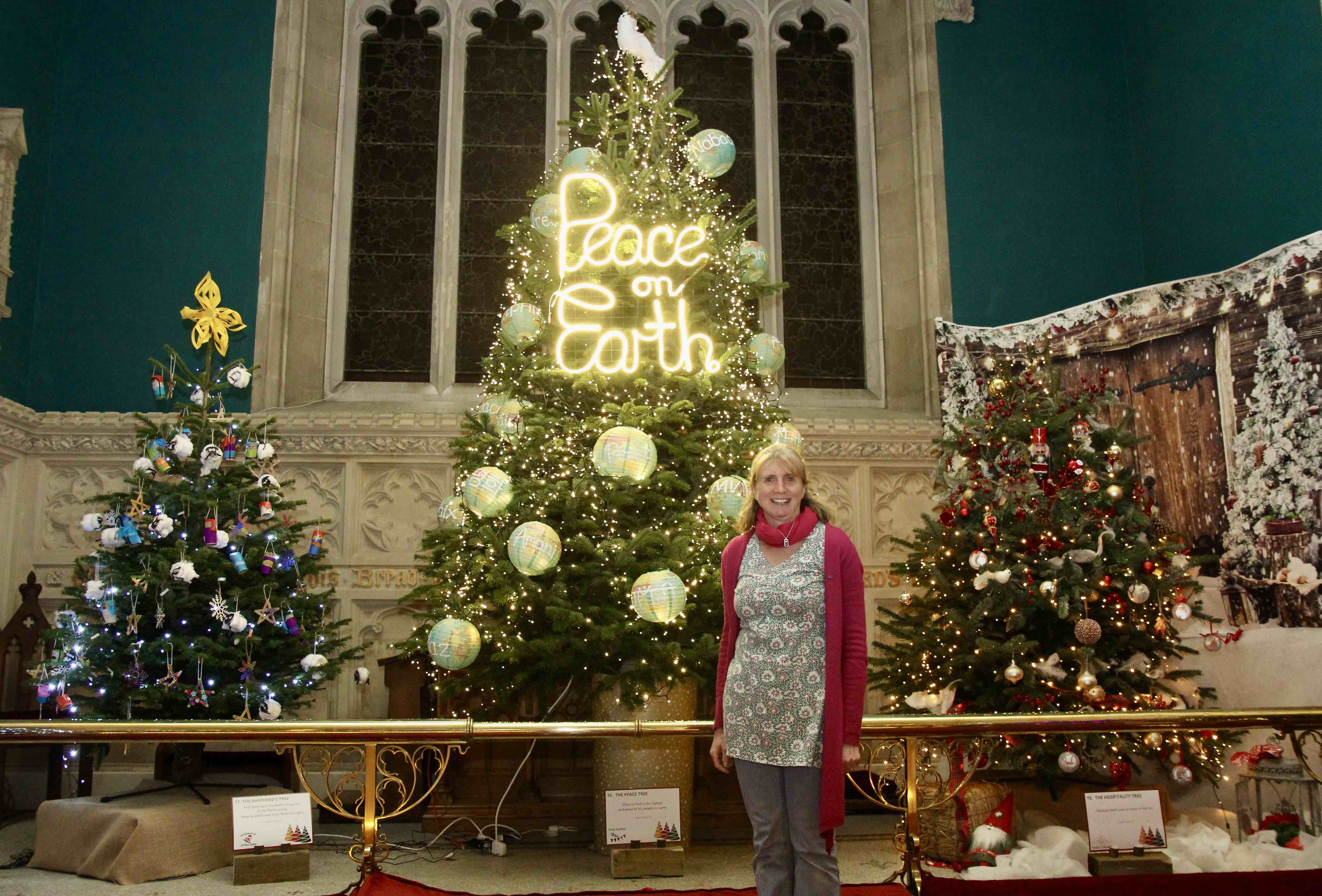 Katy Stanley and her Peace Tree which featured decorations with the word 'peace' in different languages.