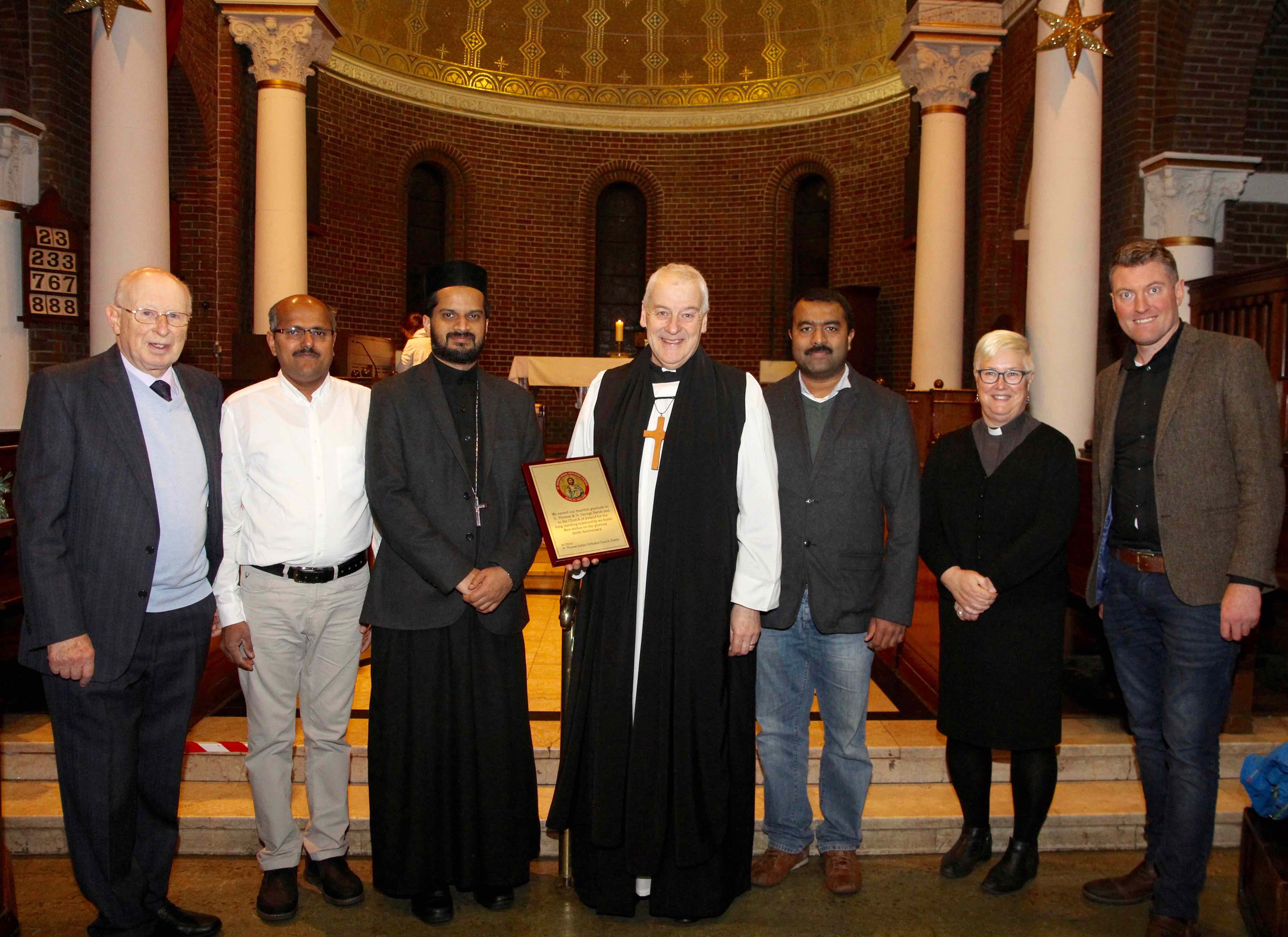 Douglas Appleyard, Biju Joseph, Fr Anish John, Archbishop Michael Jackson, John Mathew, the Revd Katherine Poulton and Philip McKinley at the service marking the 260th anniversary of the foundation of St Thomas's Church.