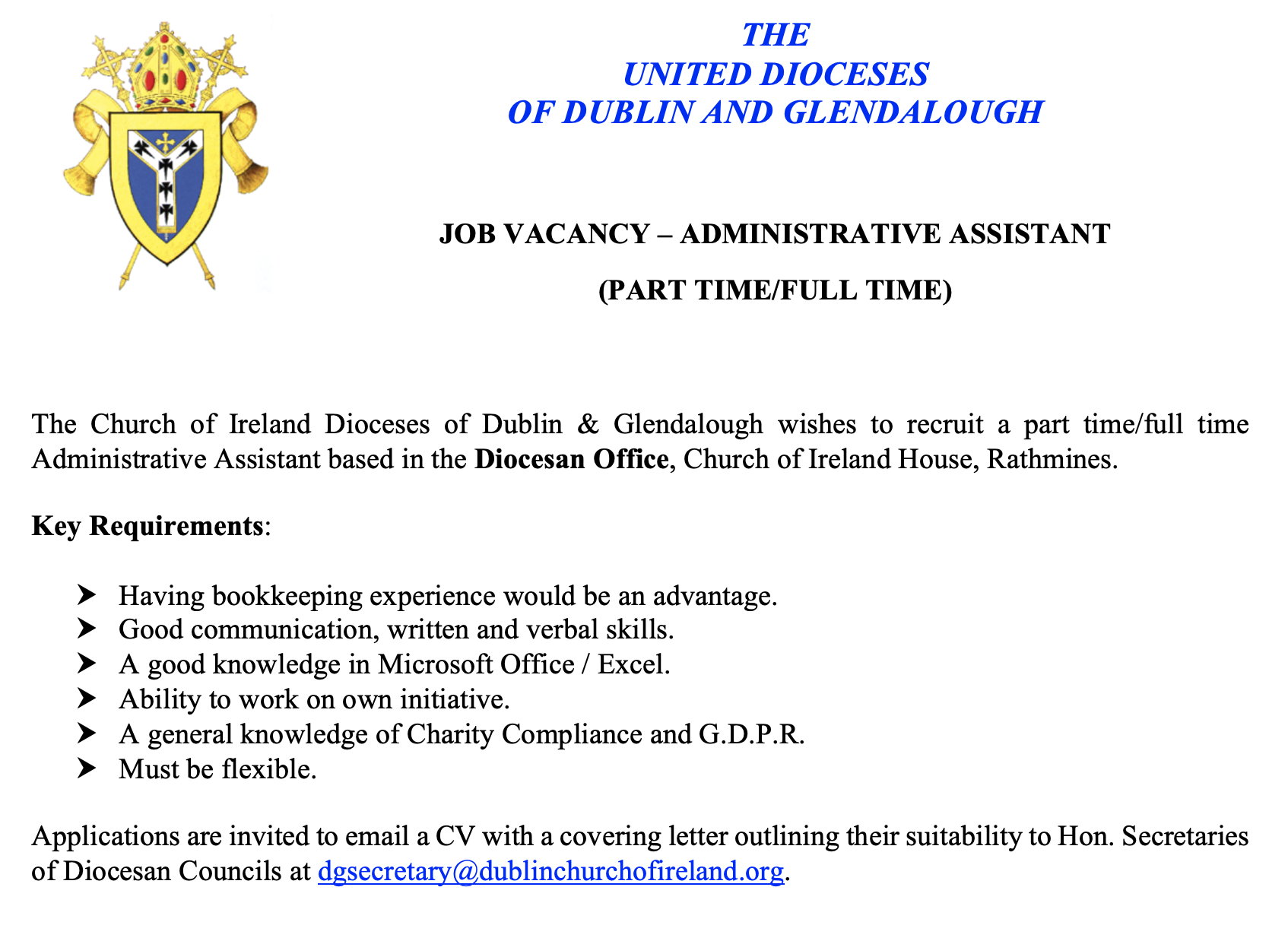 Vacancy Administrative Assistant Diocesan Office of Dublin and