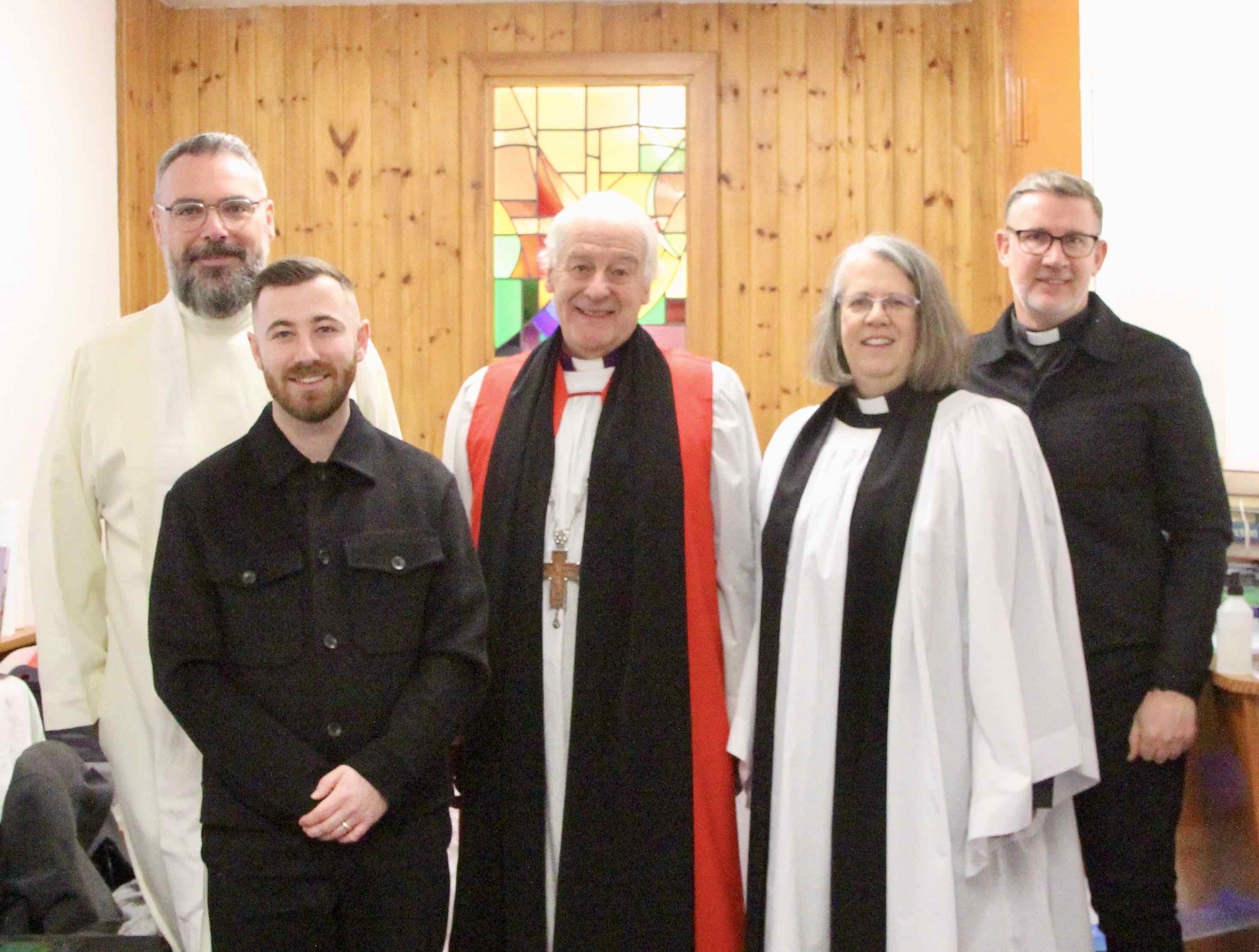 Shane Maguire with the Revd Eoghan Heaslip, Archbishop Michael Jackson, the Revd Ruth Noble and the Revd Rob Jones.