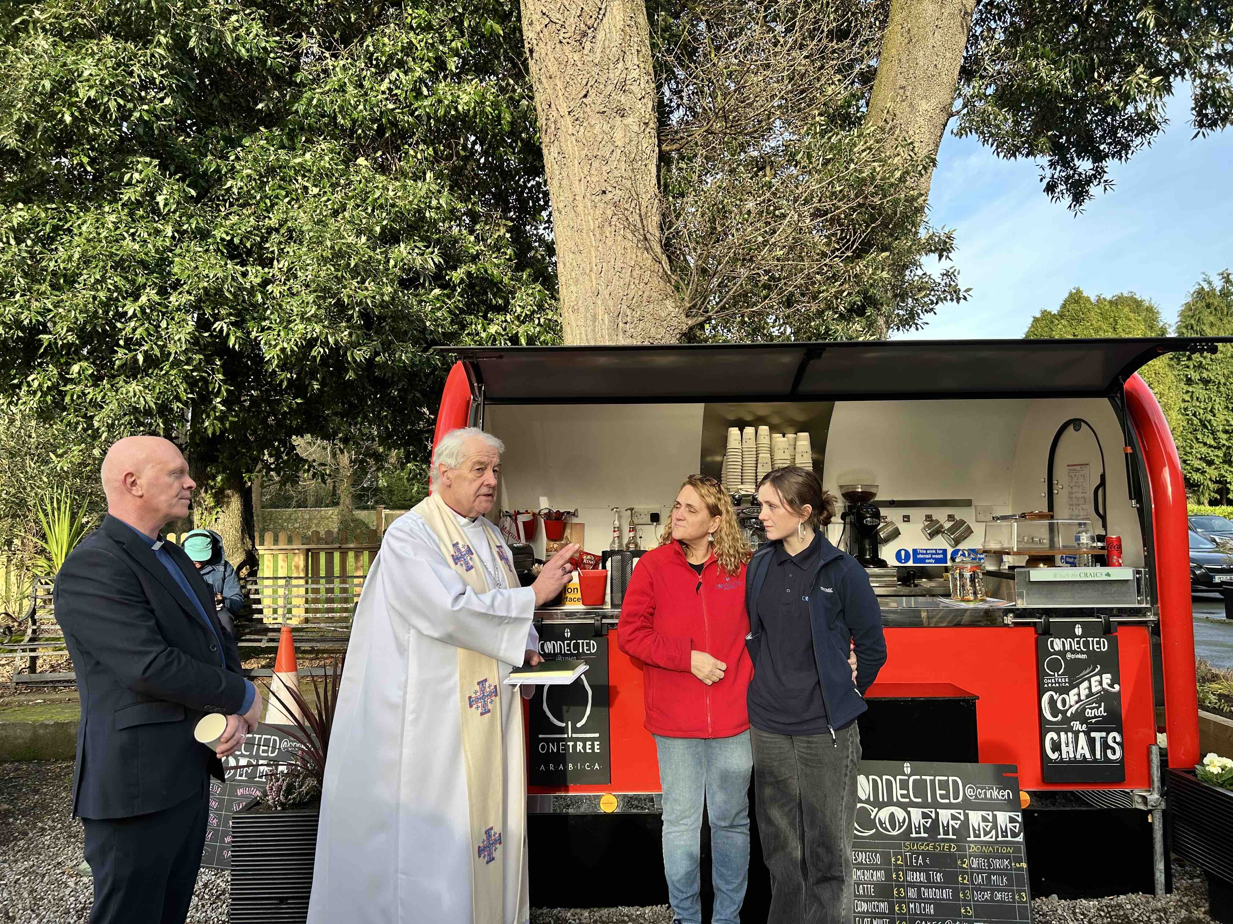 Connected@Crinken coffee truck is dedicated by Archbishop Michael Jackson who is pictured with Canon Tom O'Brien, Daniela O'Brien who is heading up the Ministry, and volunteer Tara-Rose O'Brien.