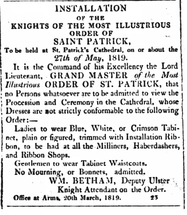 A newspaper advert for the installation of the Knights of St Patrick, 1819