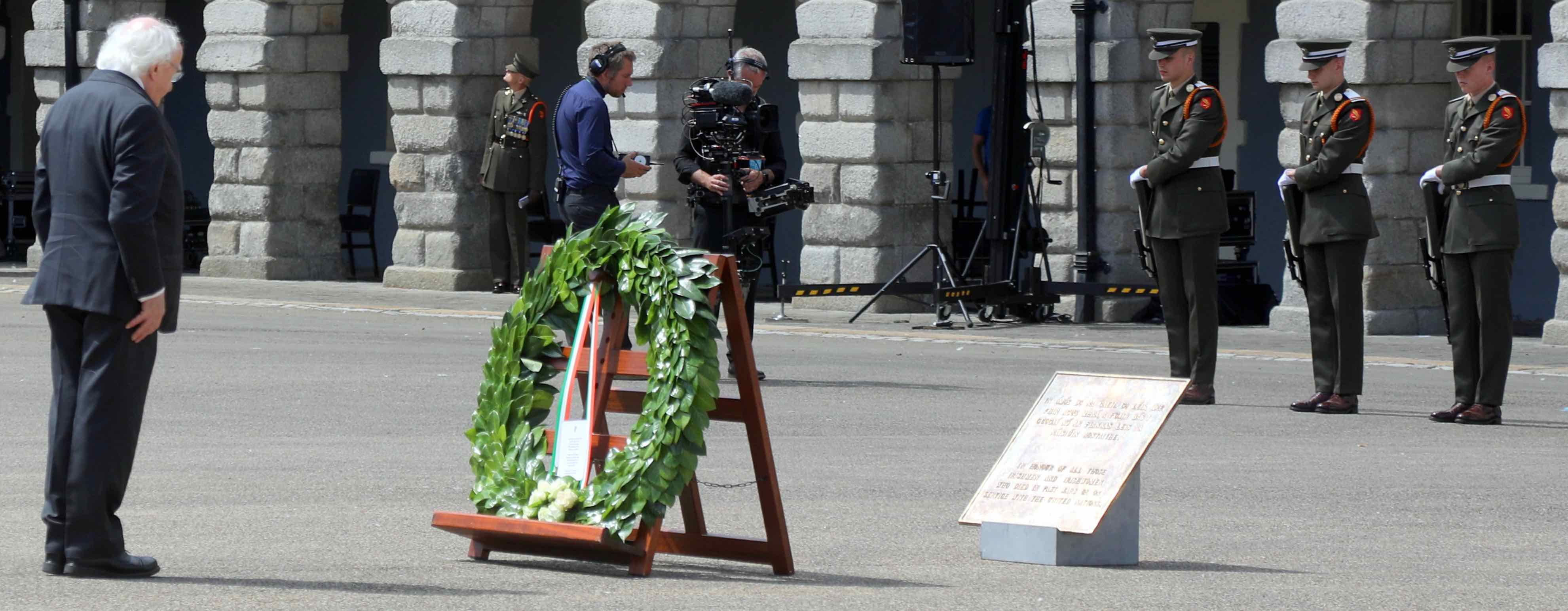 President Michael D Higgins lays a wreath on behalf of the people of Ireland during the National Day of Commemoration ceremony at Collins Barracks. (Photo: Patrick Hugh Lynch)