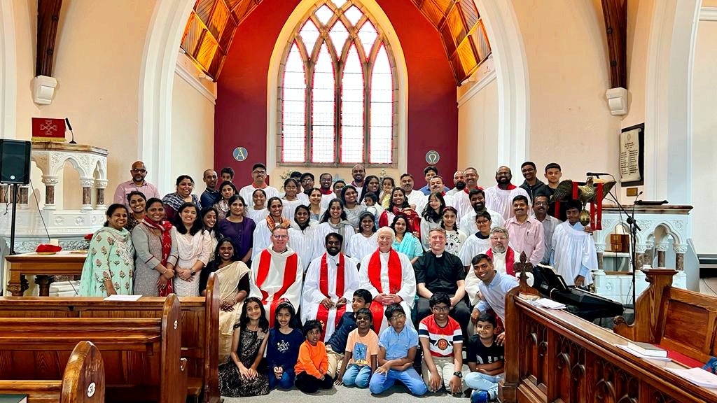 Members of the Holy Trinity CSI Congregation in Dublin with their new Vicar, the Revd Jenu John, Archbishop Michael Jackson, Archdeacon Neal O'Raw, the Rector of St Catherine and St James's Canon Mark Gardner and the Revd Philip McKinley.