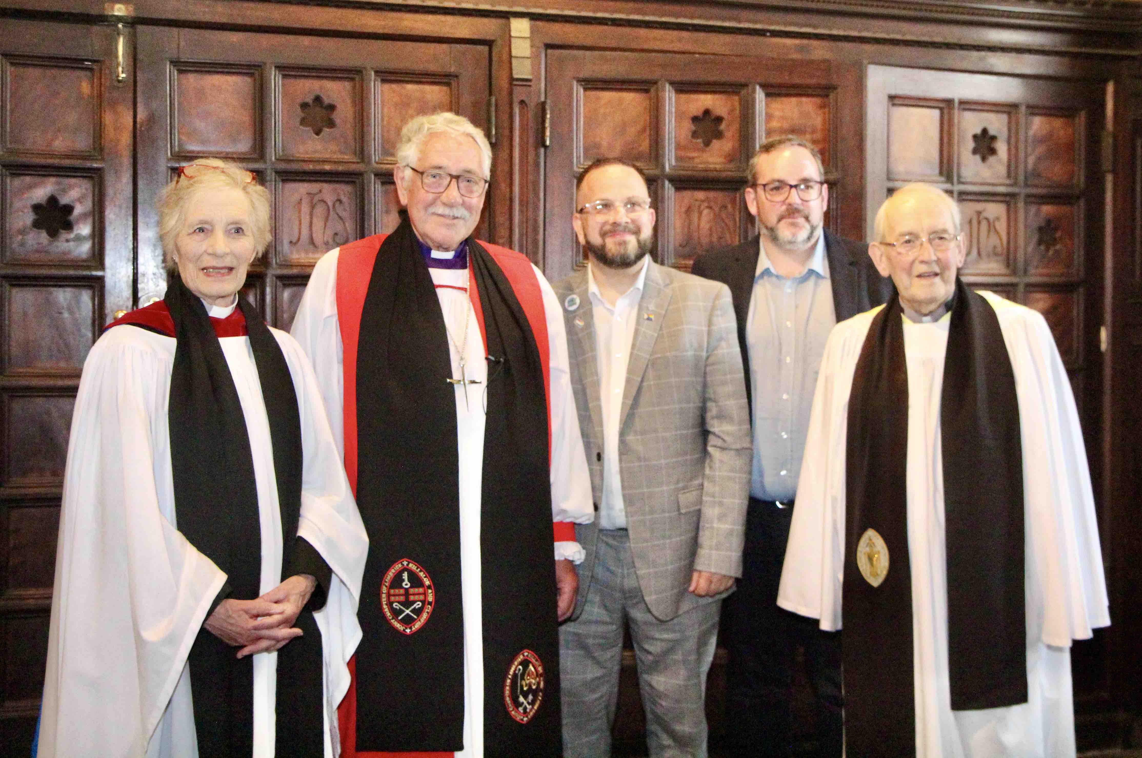 Members of the Changing Attitude Ireland committee with their newly commissioned Patron - Canon Dr Ginnie Kennerley, Bishop Trevor Williams, Mark Bowyer, Kris McCaffrey and the Very Revd David Godfrey.