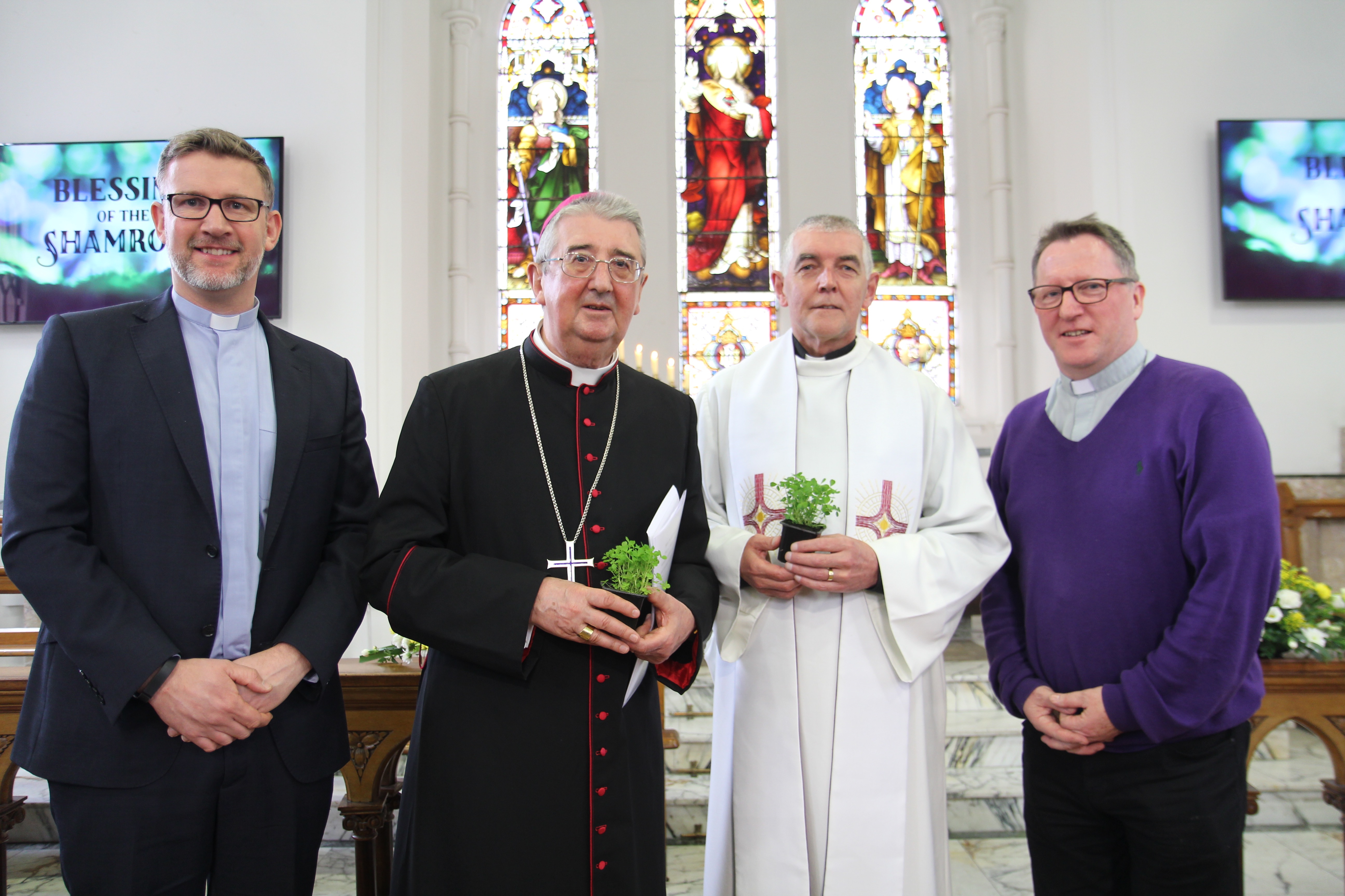 Church of Ireland Chaplaincy Coordinator, the Revd Rob Jones, Archbishop Diarmuid Martin, Archdeacon David Pierpoint and  Coordinator of DIT's Chaplaincy Service, Fr Alan Hilliard in St Laurence's at DIT Grangegorman for the Blessing of the Shamrock Service in advance of St Patrick's Day.