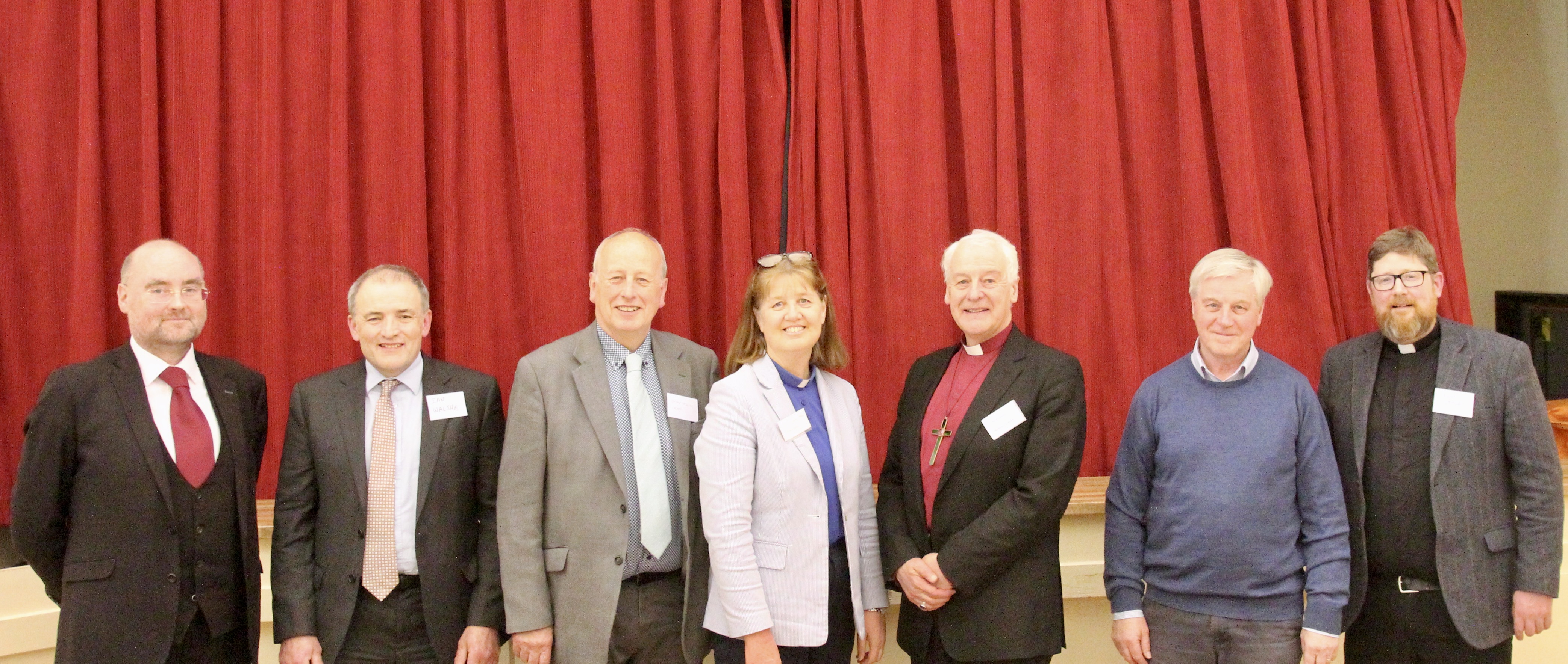 Ciaran Toland SC, Ian Walshe, Derek Neilson, the Revd Suzanne Harris, Archbishop Michael Jackson, Gordon Richards and Archdeacon Ross Styles after the special Glendalough Synod.
