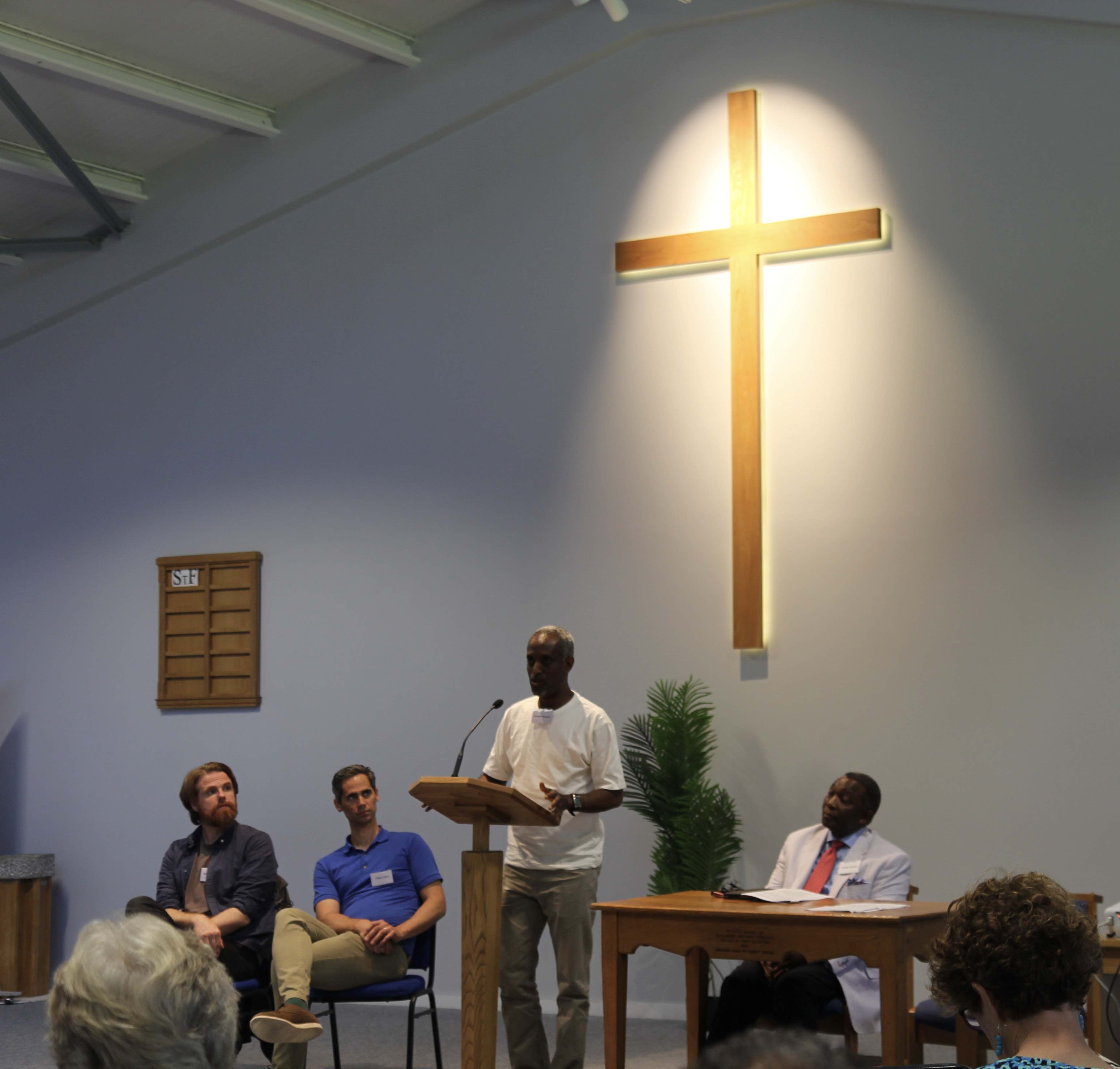 Gideon Yutzy and Kent Chadwick of the Waterford Conversation Club and Medahan Weldegabir andPastor Hudson Kaunda of All Nations Ministries, Belfast.