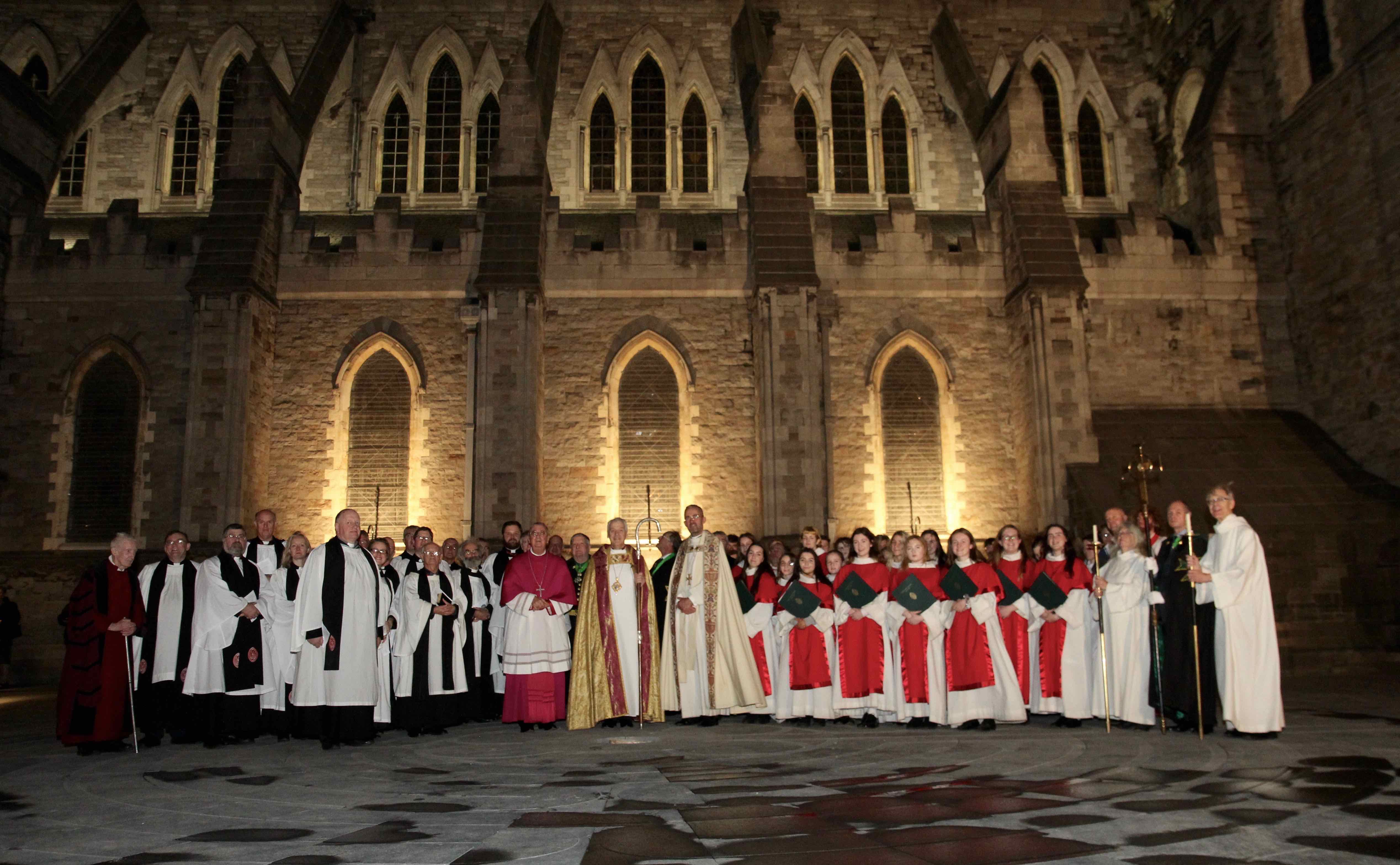 Archbishop Diarmuid Martin, Archbishop Michael Jackson with the Cathedral Choirs and participating clergy following the dedication of the new home for the heart of St Laurence O'Toole in Christ Church Cathedral, Dublin.