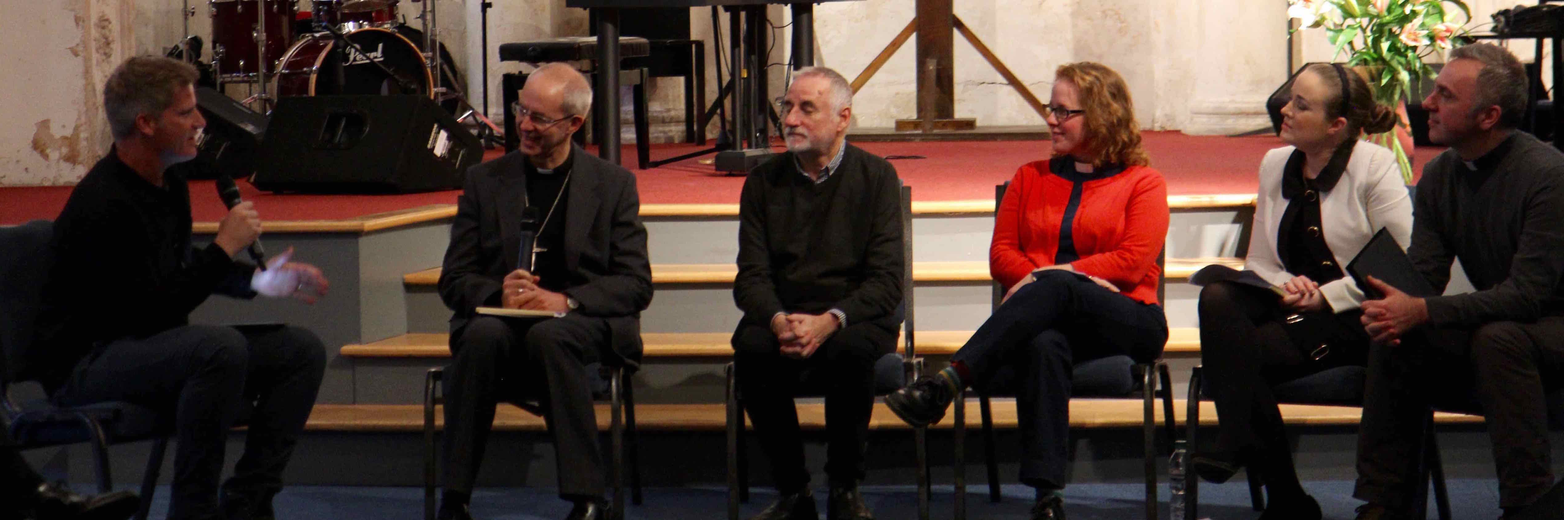 The Archbishop of Canterbury is interviewd by Greg Fromholz in St Catherine's Church. Also pictured are Eddie D'Arcy, Solas Project, the Revd Abigail Sines, Christ Church Cathedral, Dr Maria Feeney, Come&C and the Revd Rob Clements, Gathering Grounds.