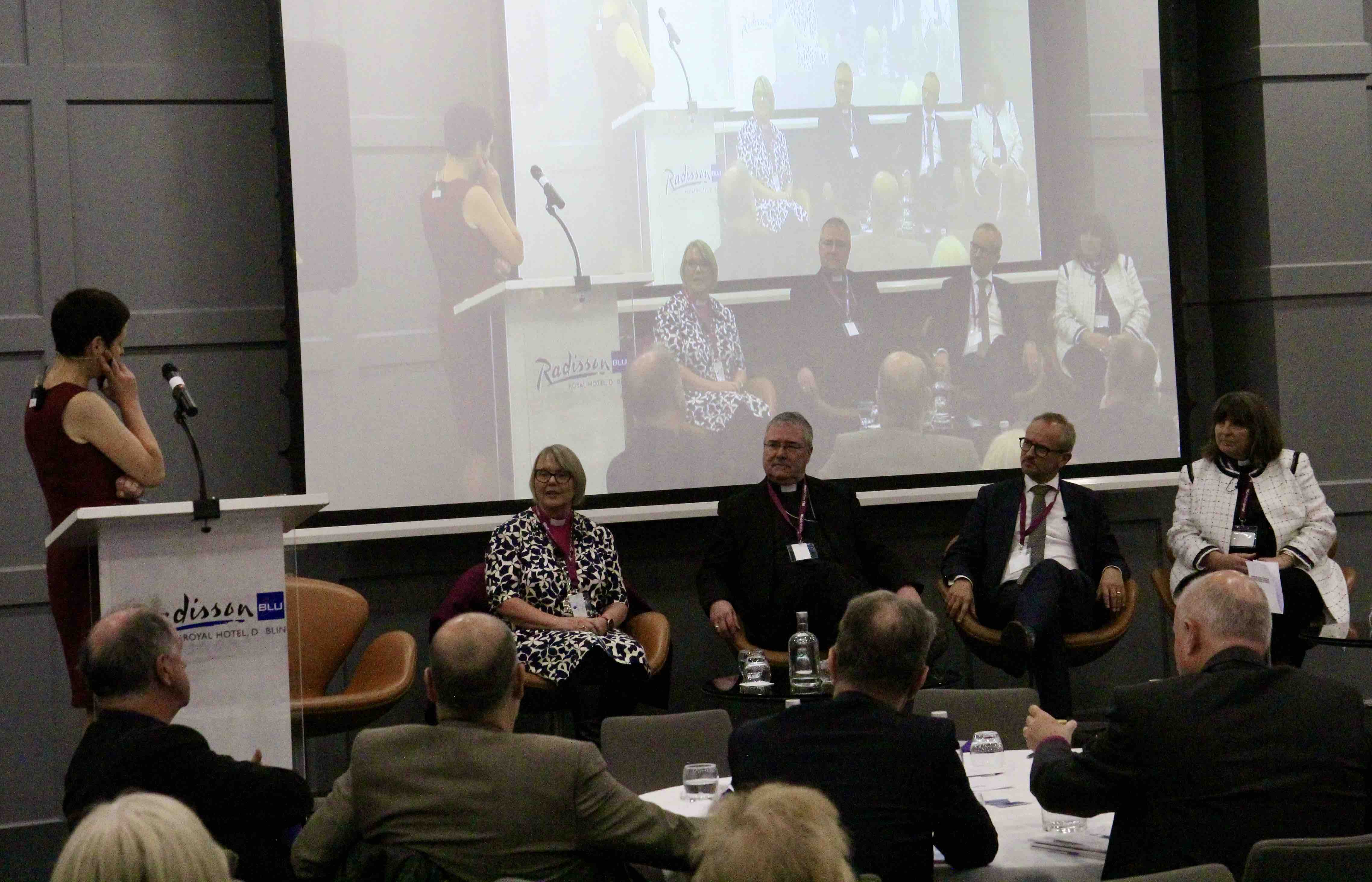 Bishop Pat Storey, Archbishop John McDowell, David Richie and Canon Gillian Wharton take part in a panel discussion with Rebekah Fozzard.