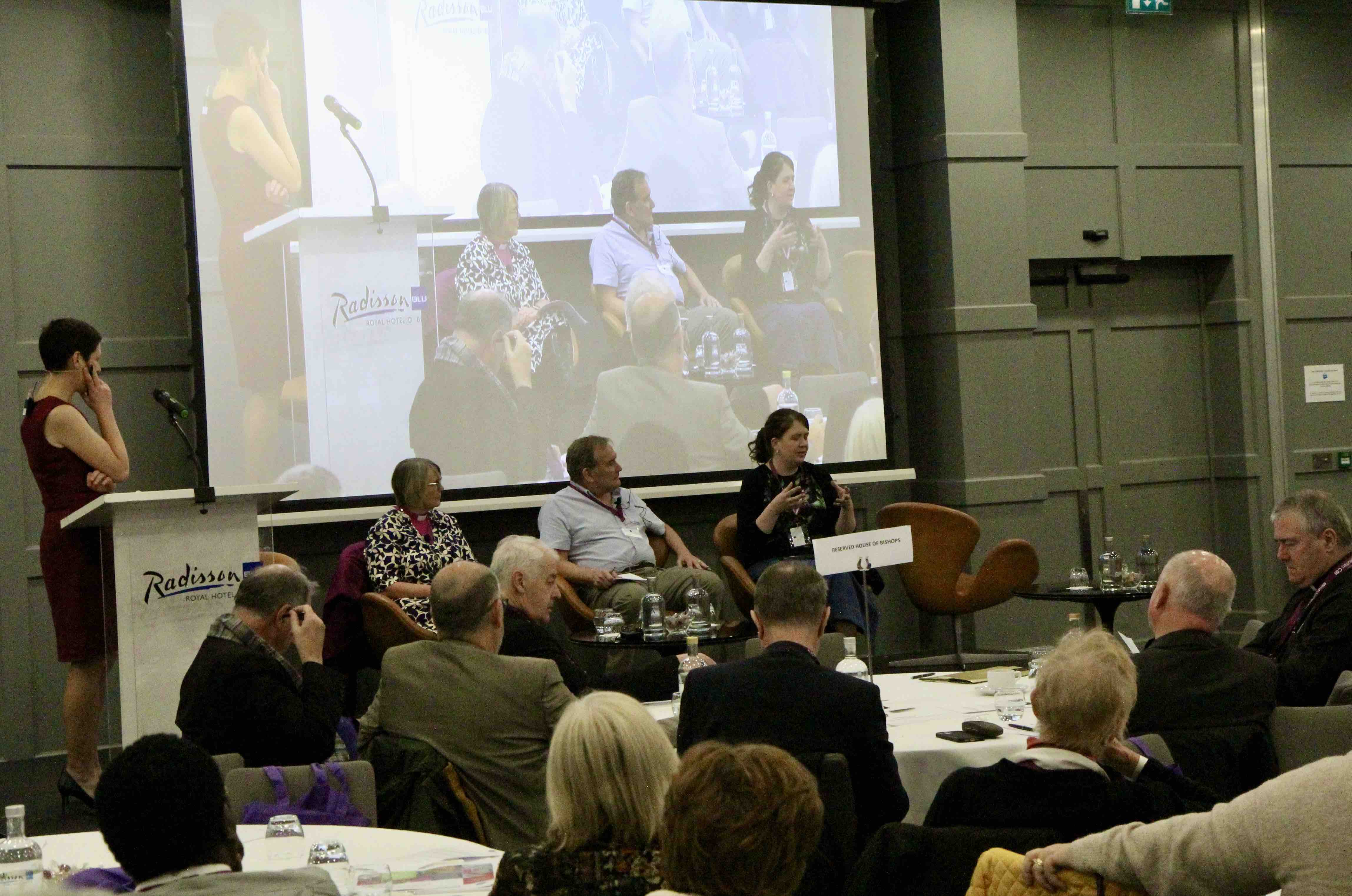 The panel discussion on trauma with Bishop Pat Storey, Prof Jim Campbell and Lydia Monds with Rebekah Fozzard.