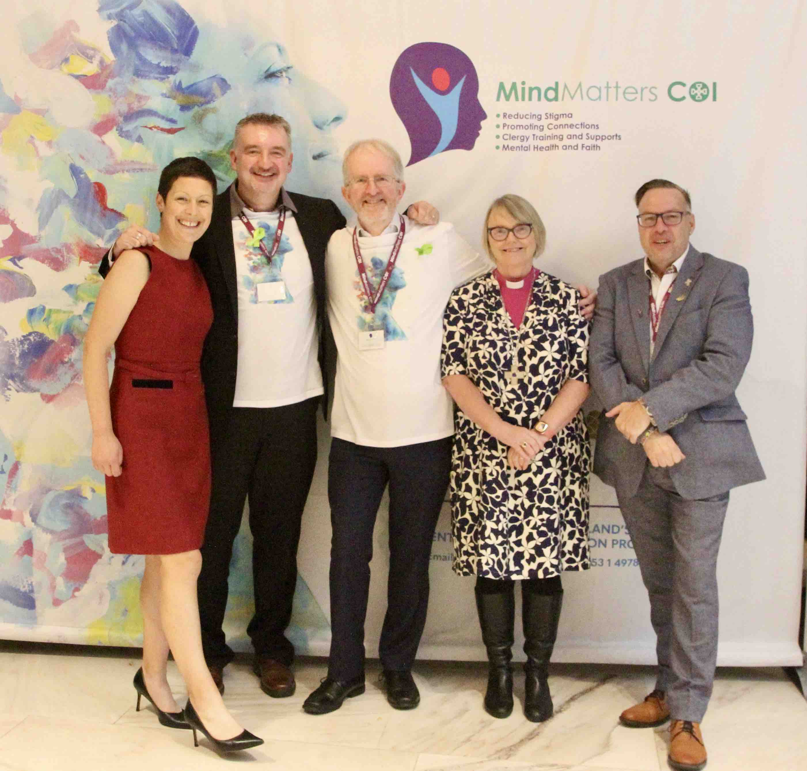 Members of the MindMatters team, Rebekah Fozzard, Robert Dunne and Eddie Hallissey with chairperson of the steering committee Bishop Pat Storey and Andrew Bass of Benefact Trust. Missing from the photo is Christine Cody.