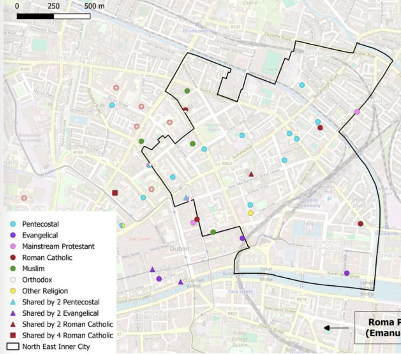 Map of faith-based communities in the North East Inner City taken from the new report.