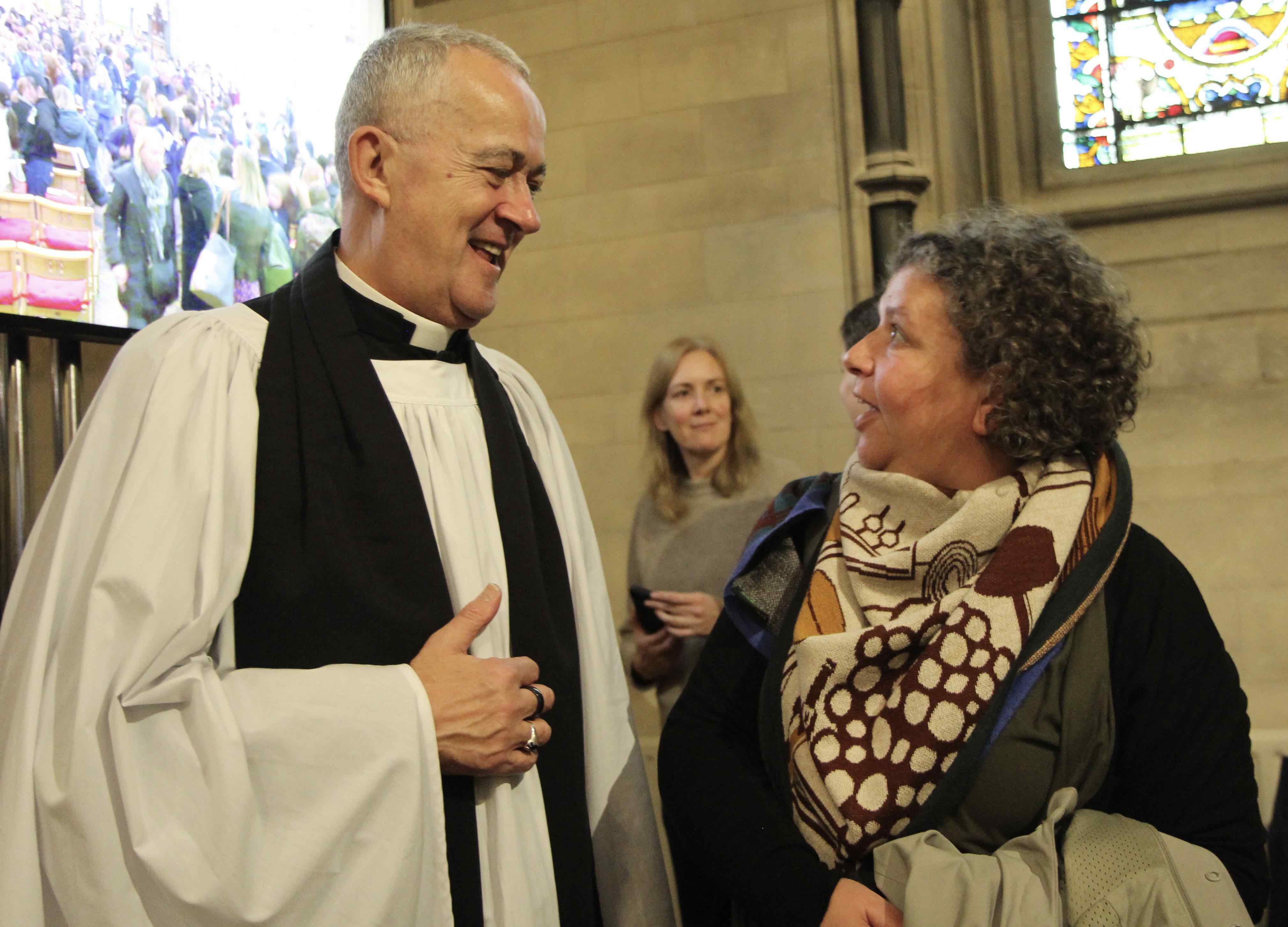 Dean Dermot Dunne chats to Sara Hakim of Schools of Sanctuary after the service.