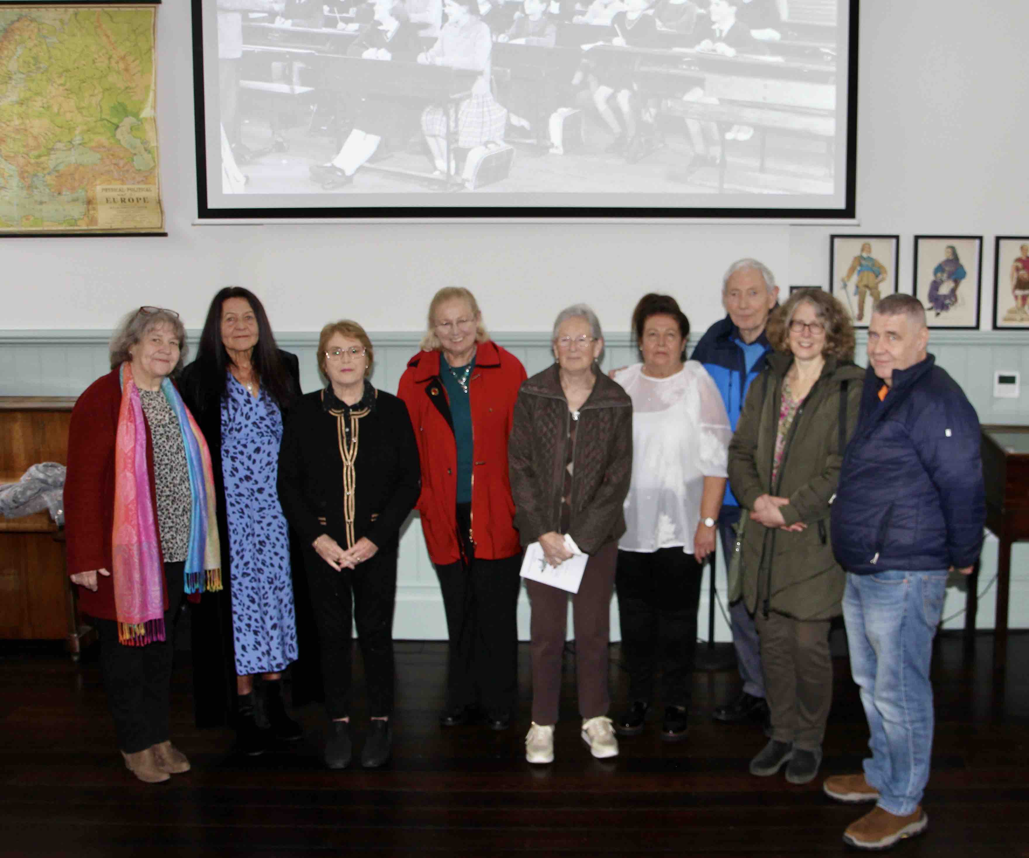 Past pupils Carol Todd, Olwyn Keating, Wendy Kirker, June Carnegie, Janet Cooke, Joyce Todd, Brian Carnegie, Jean Elder and David Todd.