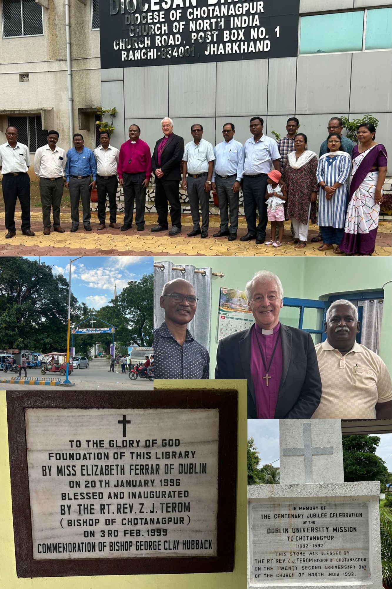 Day 3 - Clockwise from top - Meeting Bishop Basil Baskey and staff of the diocesan office; With Dean David and staff in the cathedral office; A commemorative plaque to DUMCN; A plaque in the theological college; The entrance to St Stephen's Church.