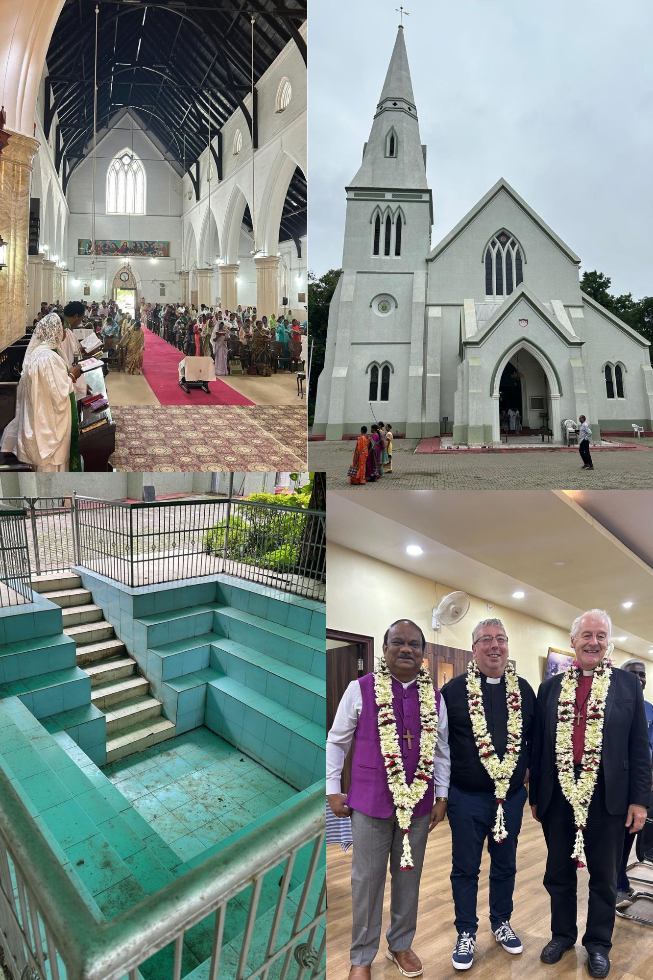 Day 6 - Clockwise from top left - The Hindi service in Ranchi Cathedral; Ranchi Cathedral; Farewell to Bishop Baskey; The Baptismal pool at Ranchi Cathedral.