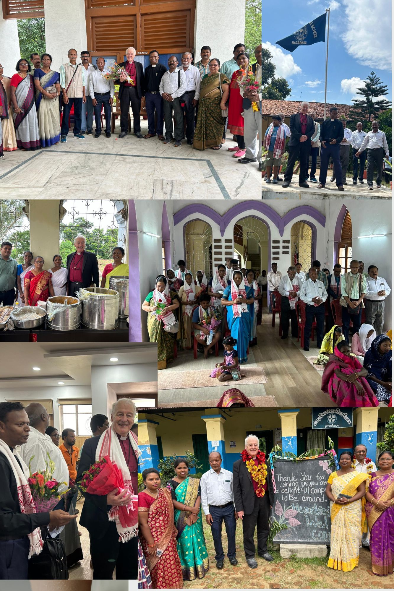 Day 1: Clockwise from top left - St Stephen's Church Community in Hazaribagh; Raising the school flag at the Elizabeth School; Celebrating Holy Communion in the hospital chapel; At St Columba's School; Arriving at St Columba's Hospital; Lunch in the hospital.