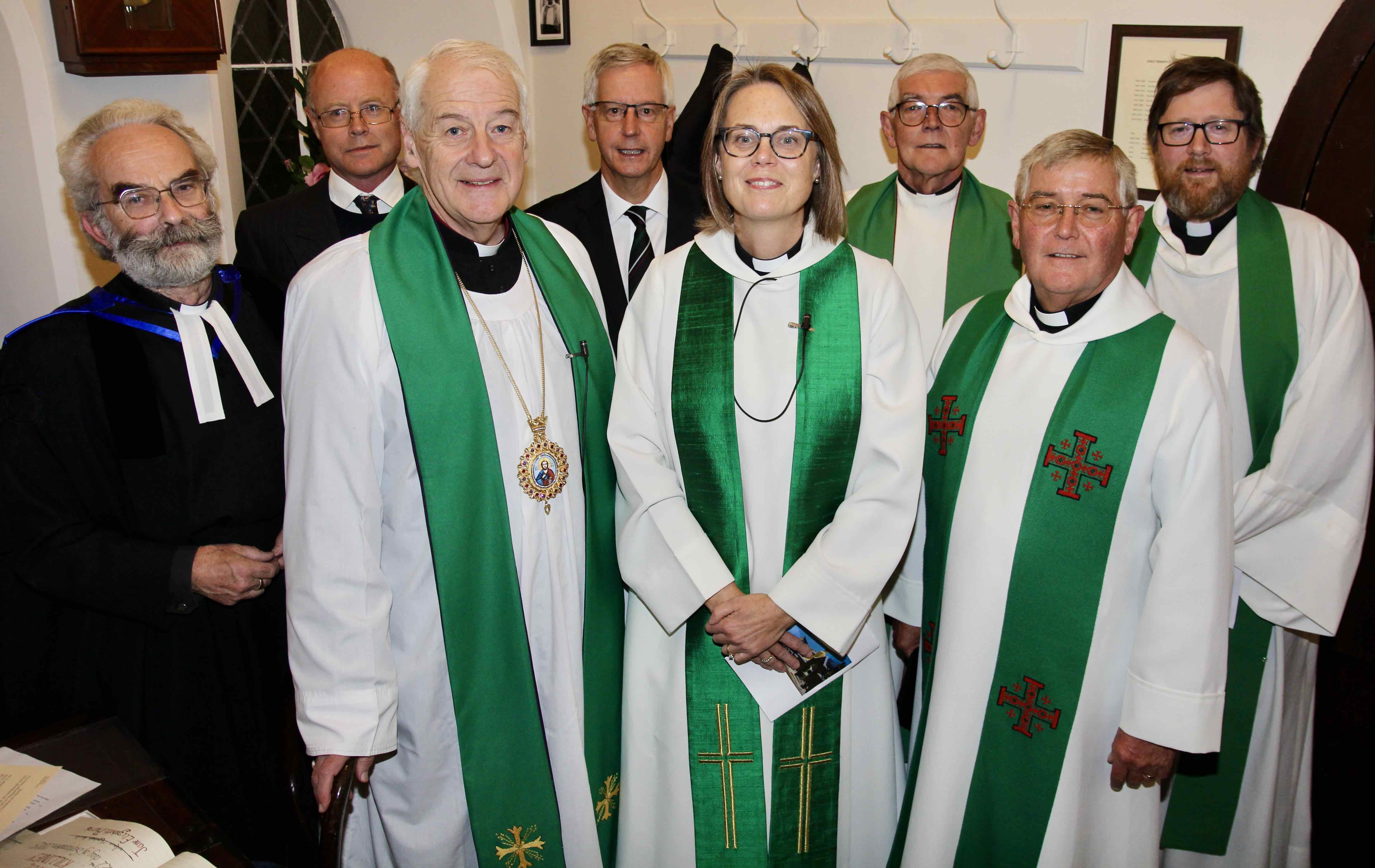 The Revd Jane Burns with Archbishop Michael Jackson, Archdeacon David Pierpoint and Archdeacon Ross Styles, registrar the Revd Robert Marshall, the Revd Nigel Pierpoing (preacher) and church wardens Lewis Purser and Michael Wolfe.