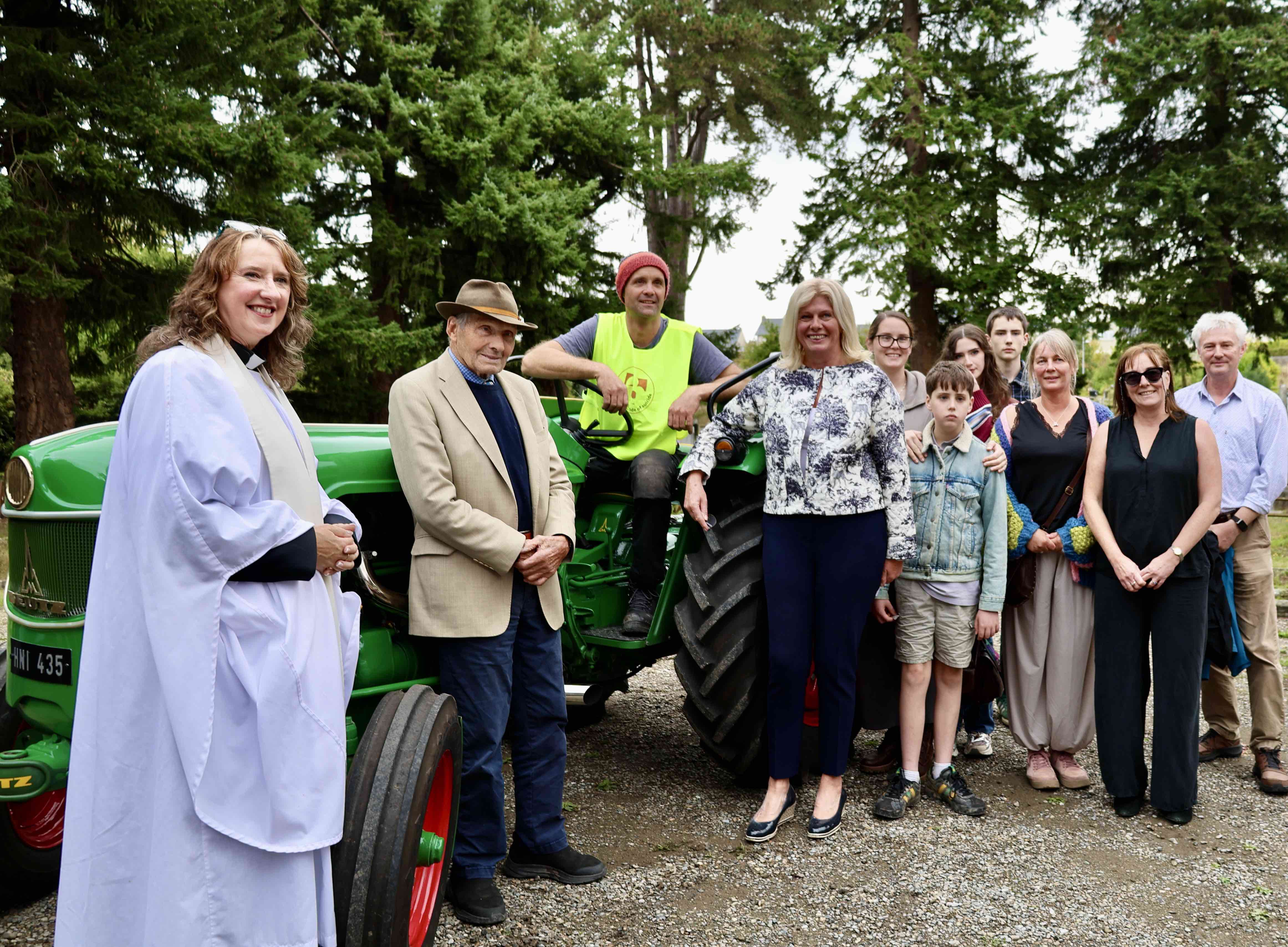 Michael Keegan at the conclusion of his Miles of Hope tractor run with members of the Keegan family and the Revd Cathy Hallissey and Cllr Melanie Corrigan.