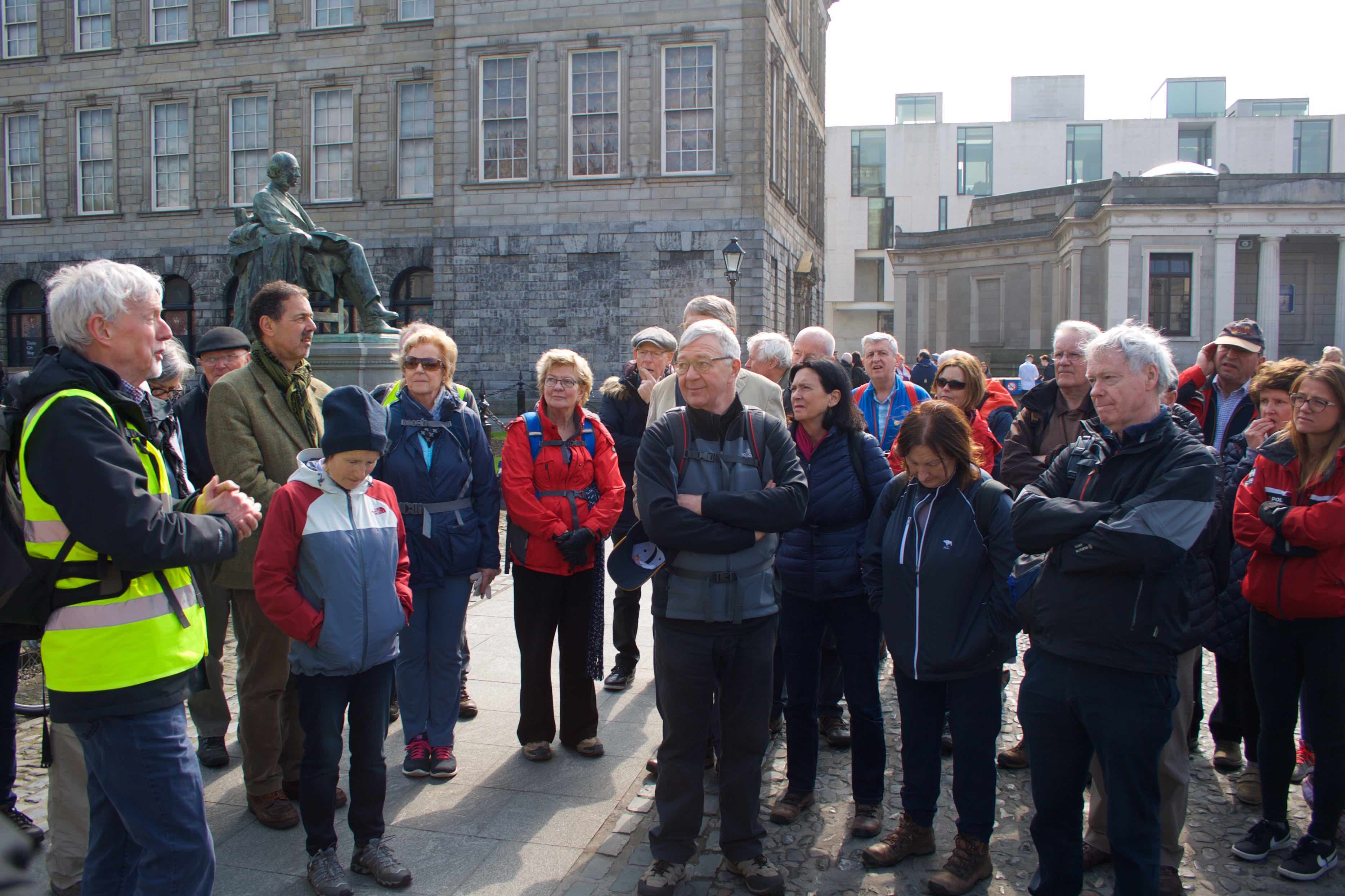 John Hegarty addresses participants on the Bray Celtic Camino in Trinity College Dublin. (Photo Dr David Owen)