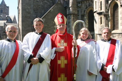 with the Archbishop (l-r) are the Revd Ken Rue, the Revd Paul Arbuthnot, the Revd Martha Waller and the Revd Terry Lilburn