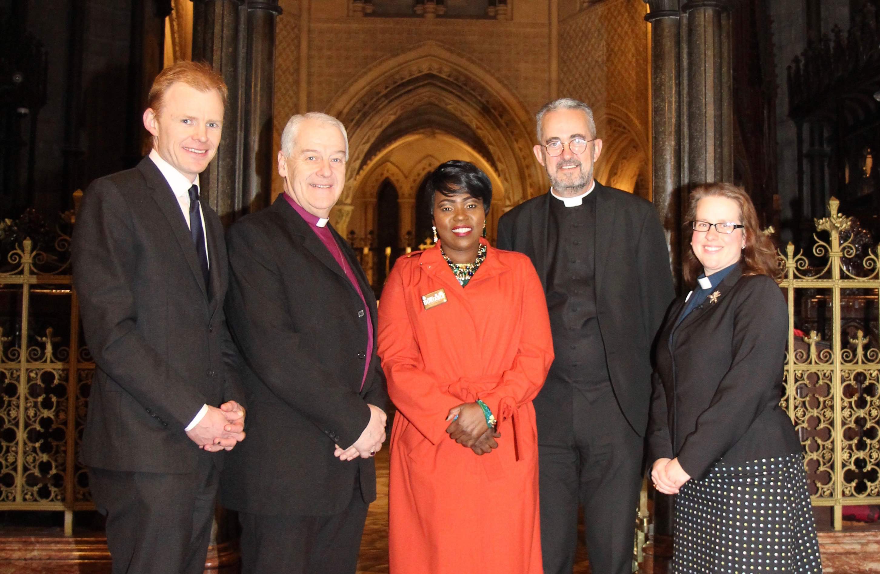 Nick Henderson CEO of the Irish Refugee Council, Archbishop Michael Jackson, Ellie Kisyombe founder of Our Table, Dean Dermot Dunne and the Revd Abigail Sines.